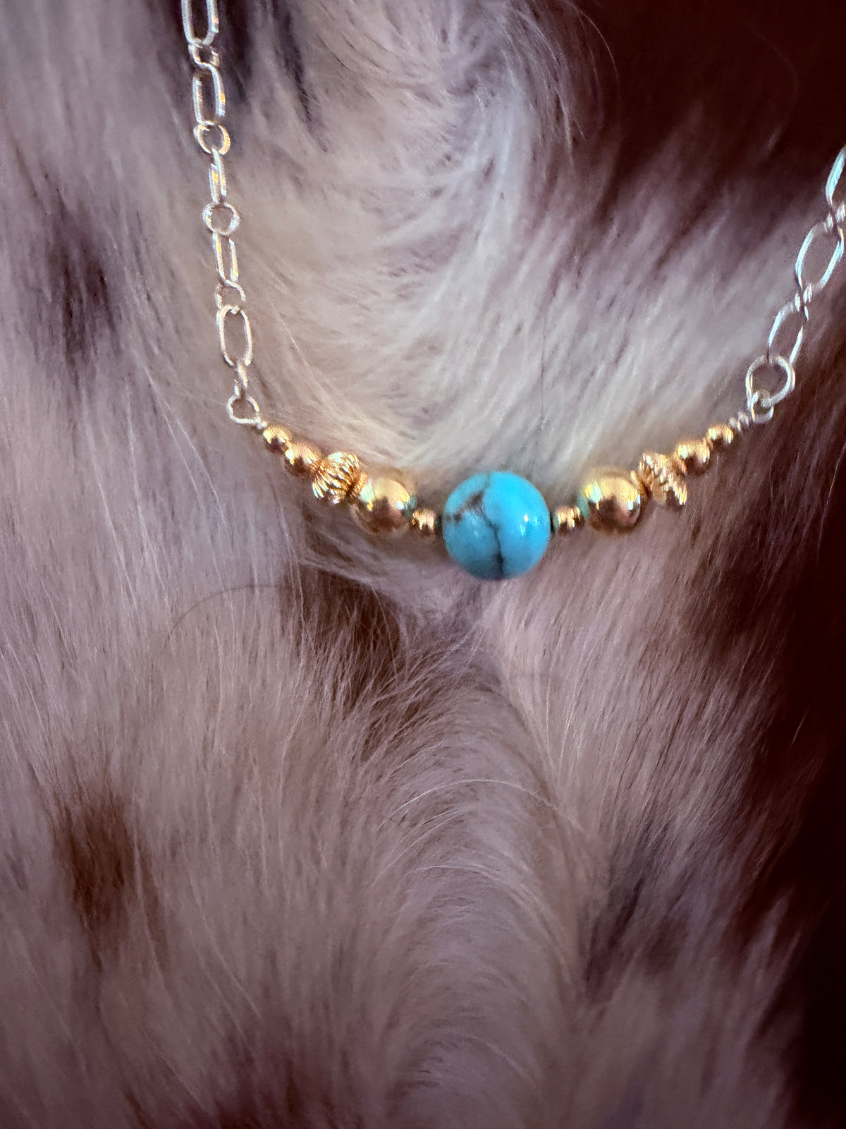Handcrafted Sterling Silver, Gold & Turquoise Beaded 16” Necklace
