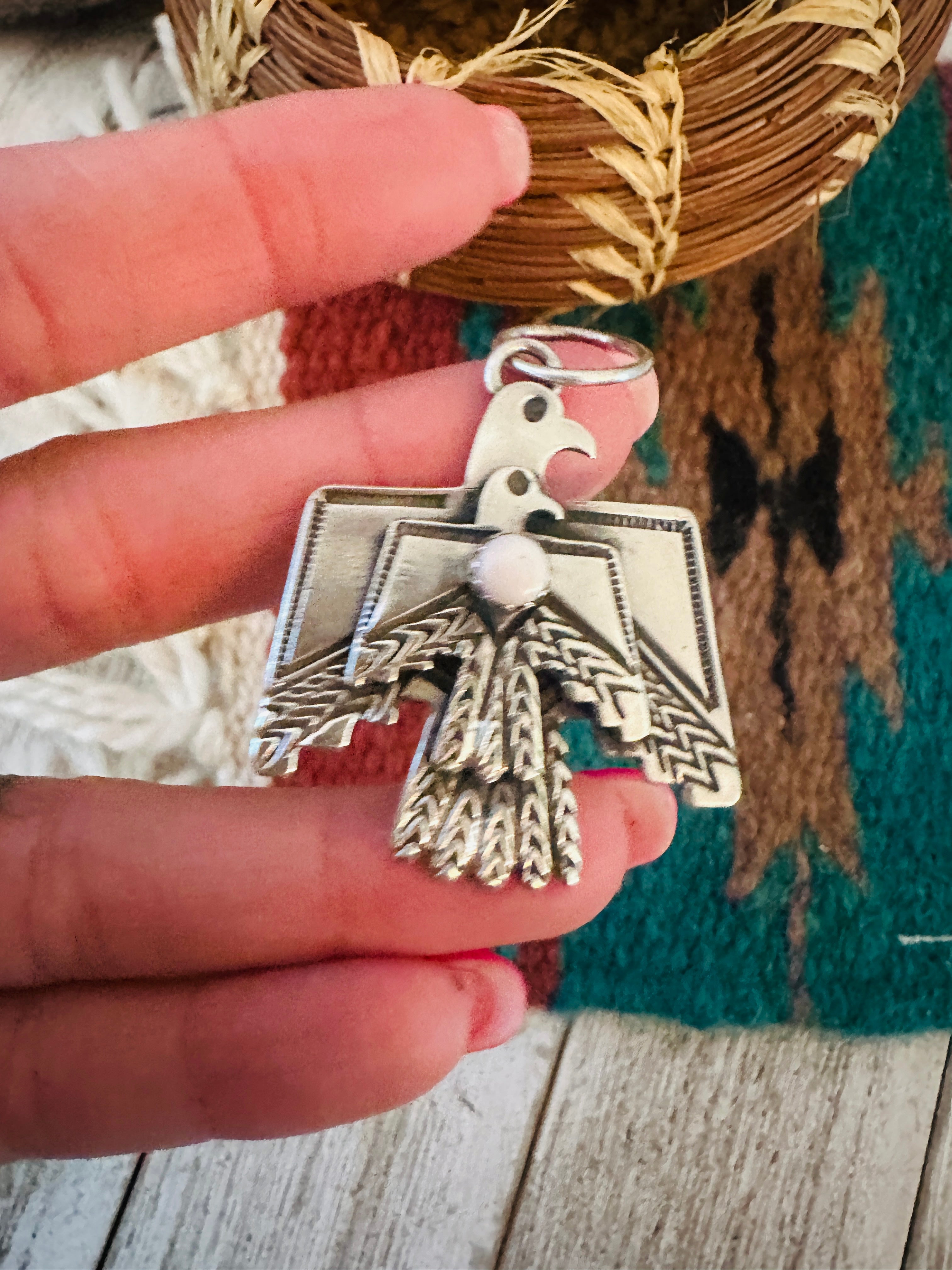Handcrafted Sterling Silver & Queen Pink Conch Thunderbird Pendant