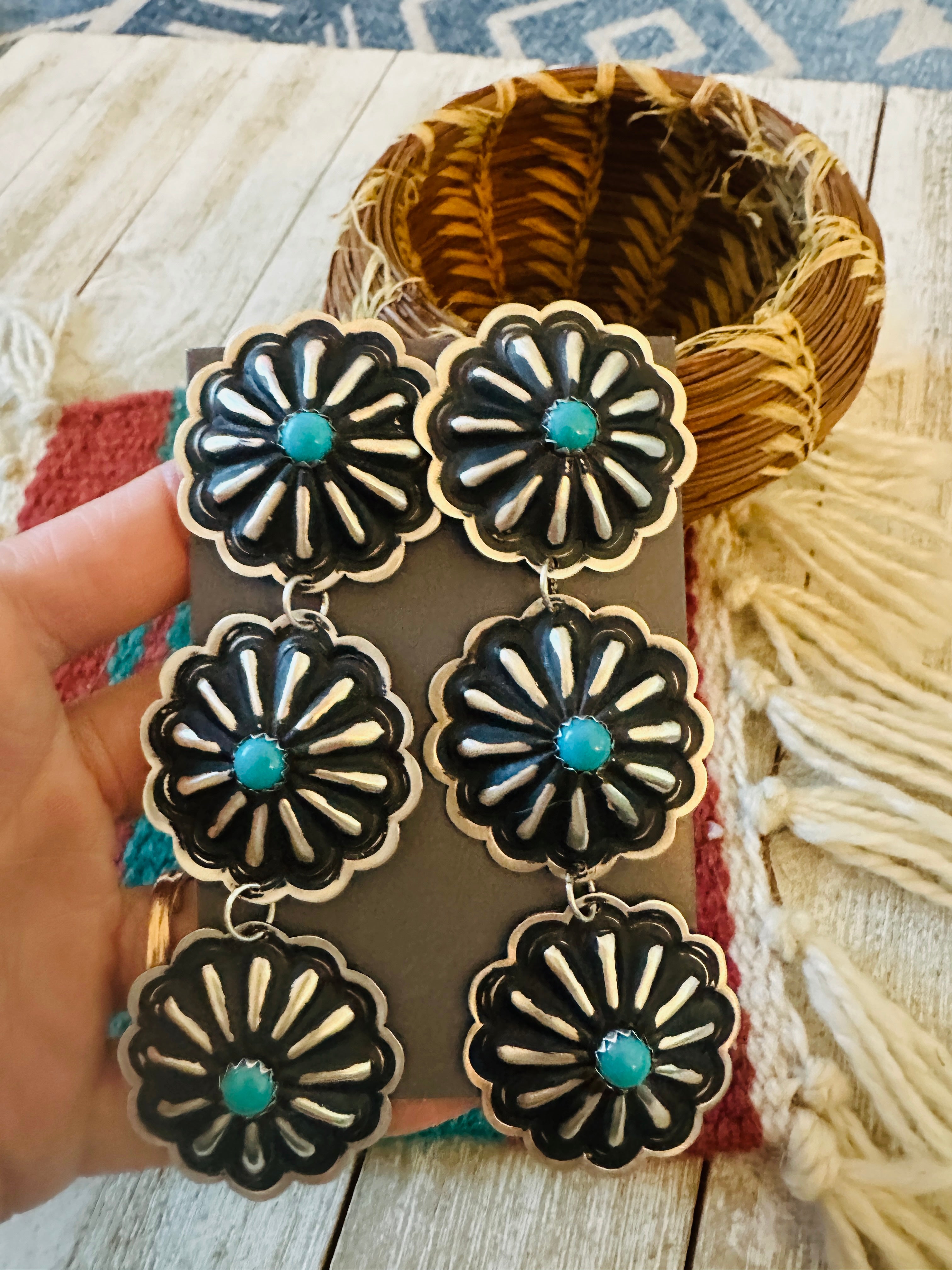 Handcrafted Turquoise & Sterling Silver Concho Dangle Earrings