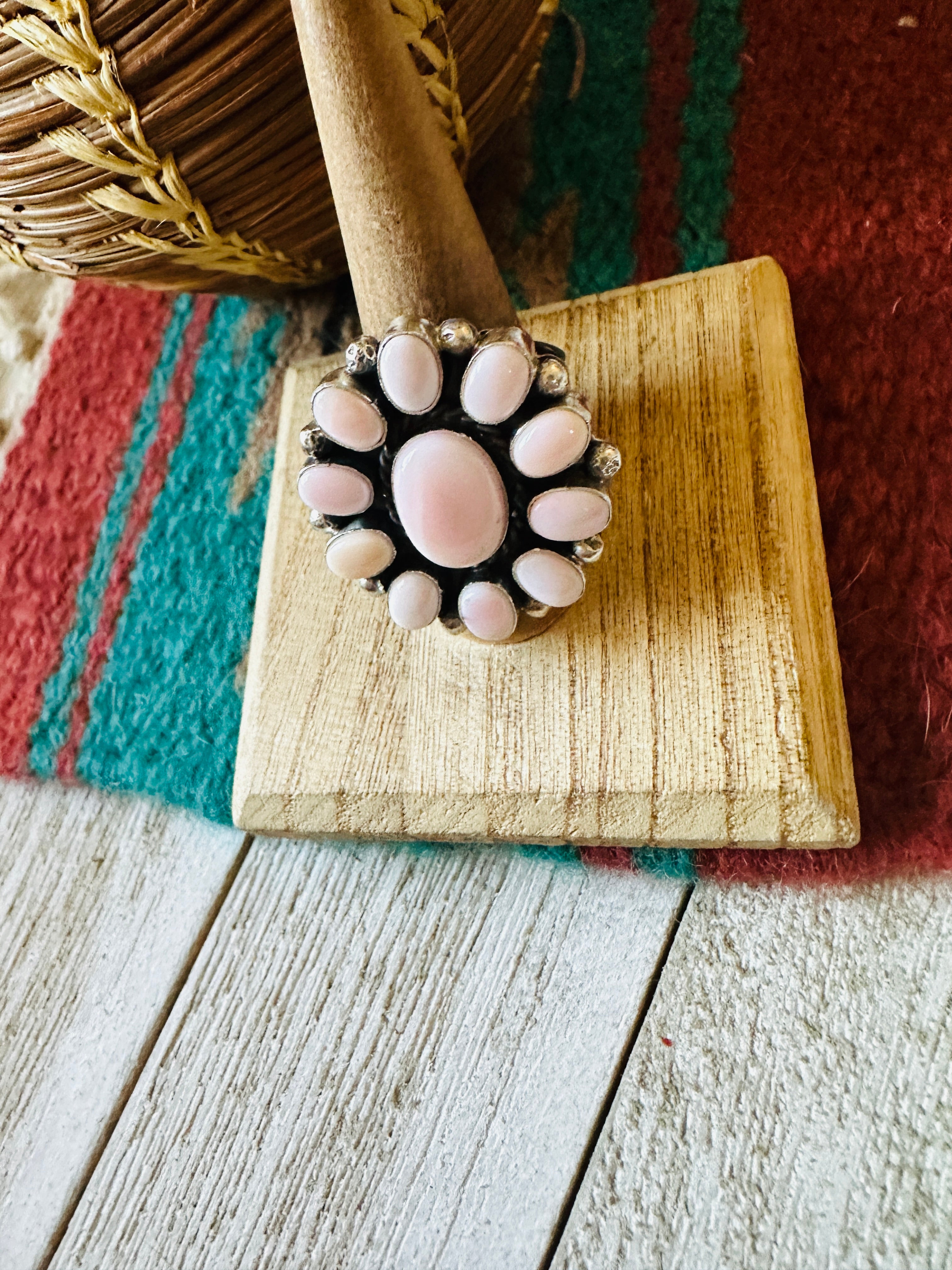 Navajo Sterling Silver & Queen Pink Conch Cluster Adjustable Ring