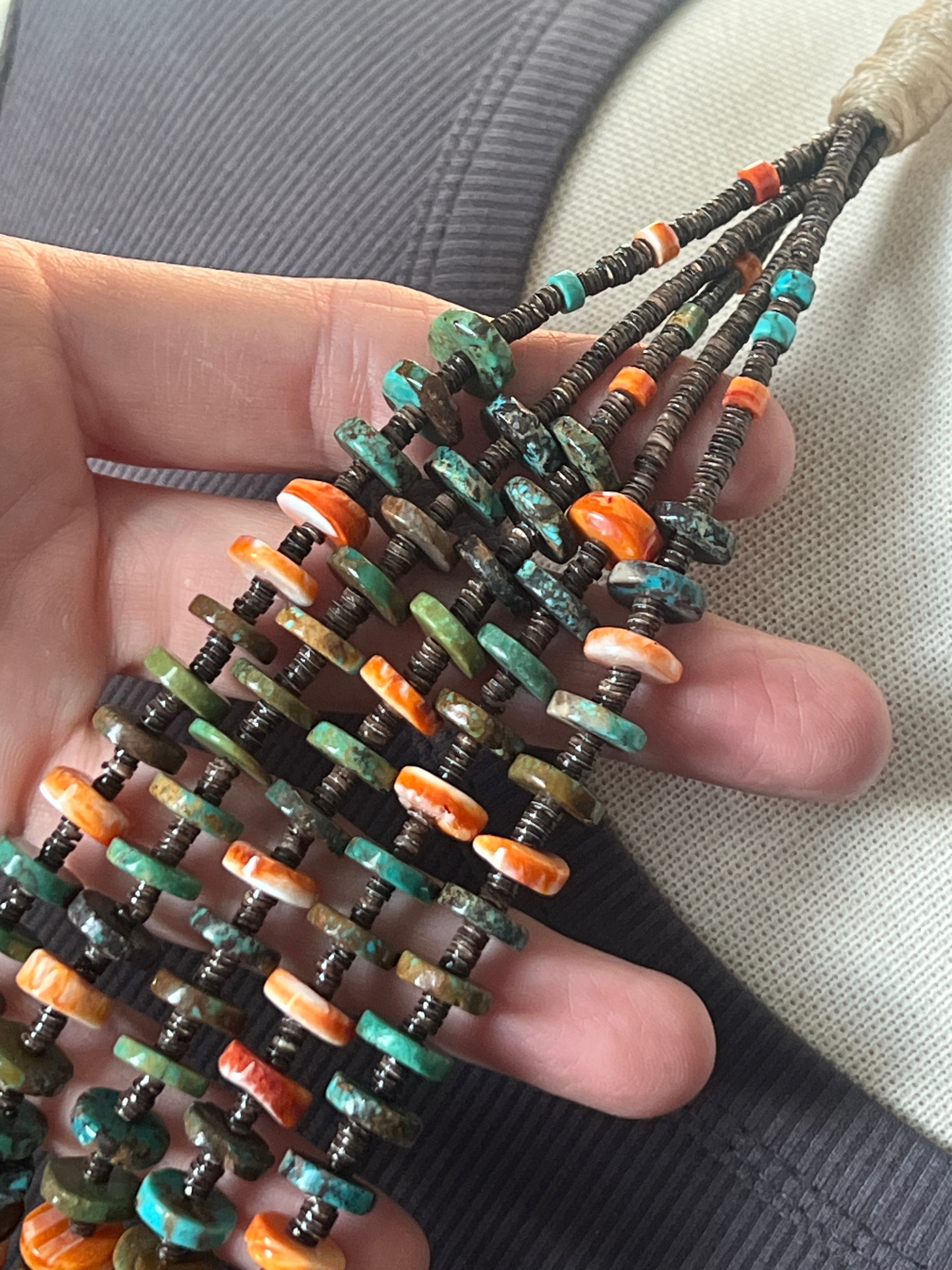 Gorgeous Handcrafted Five Strand Spiny Oyster, Turquoise and Heishi Squaw Wrap Beaded Necklace
