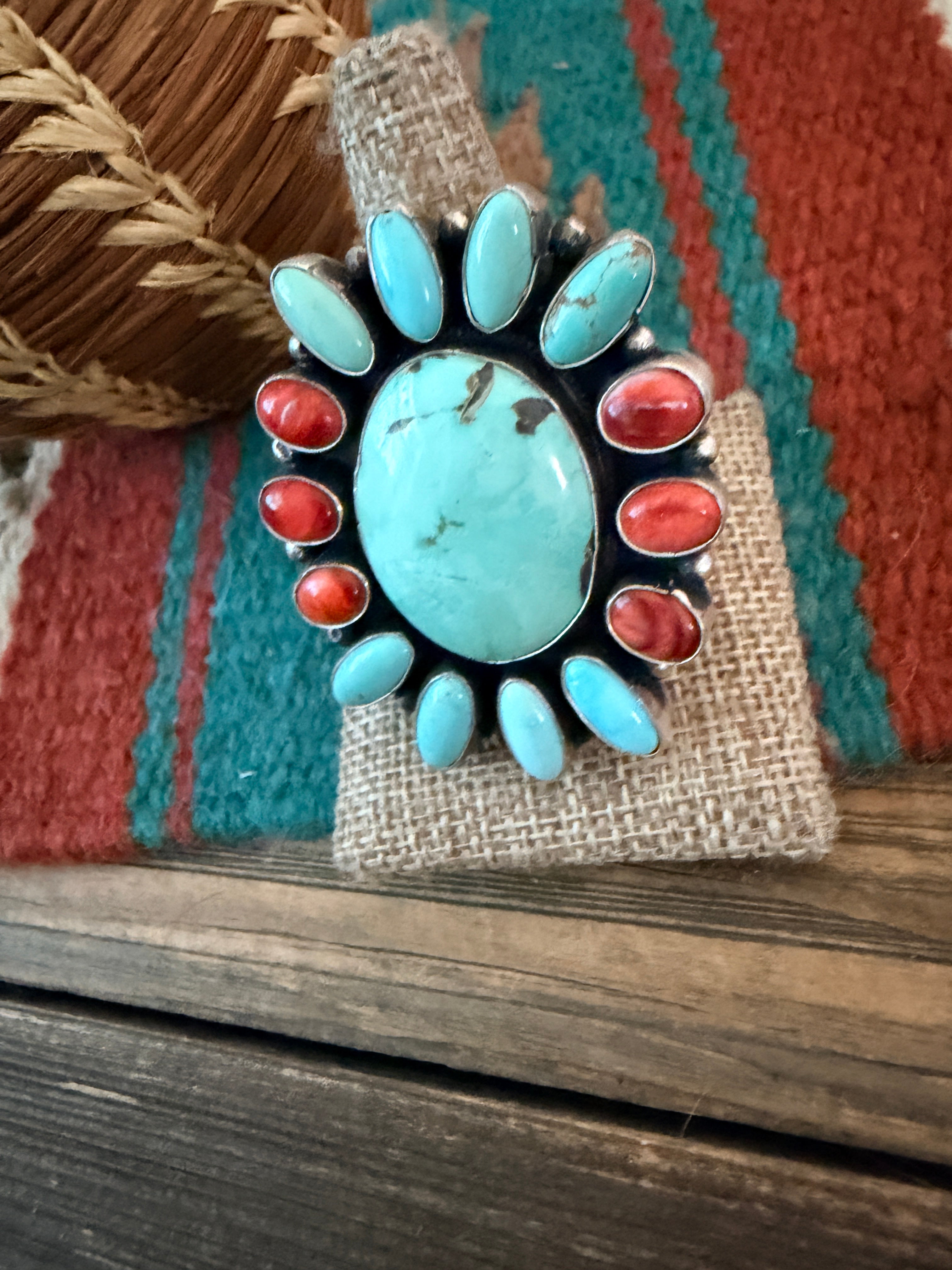 Handcrafted Spiny Oyster, Turquoise & Sterling Silver Cluster Ring by Sheila Becenti Size 11