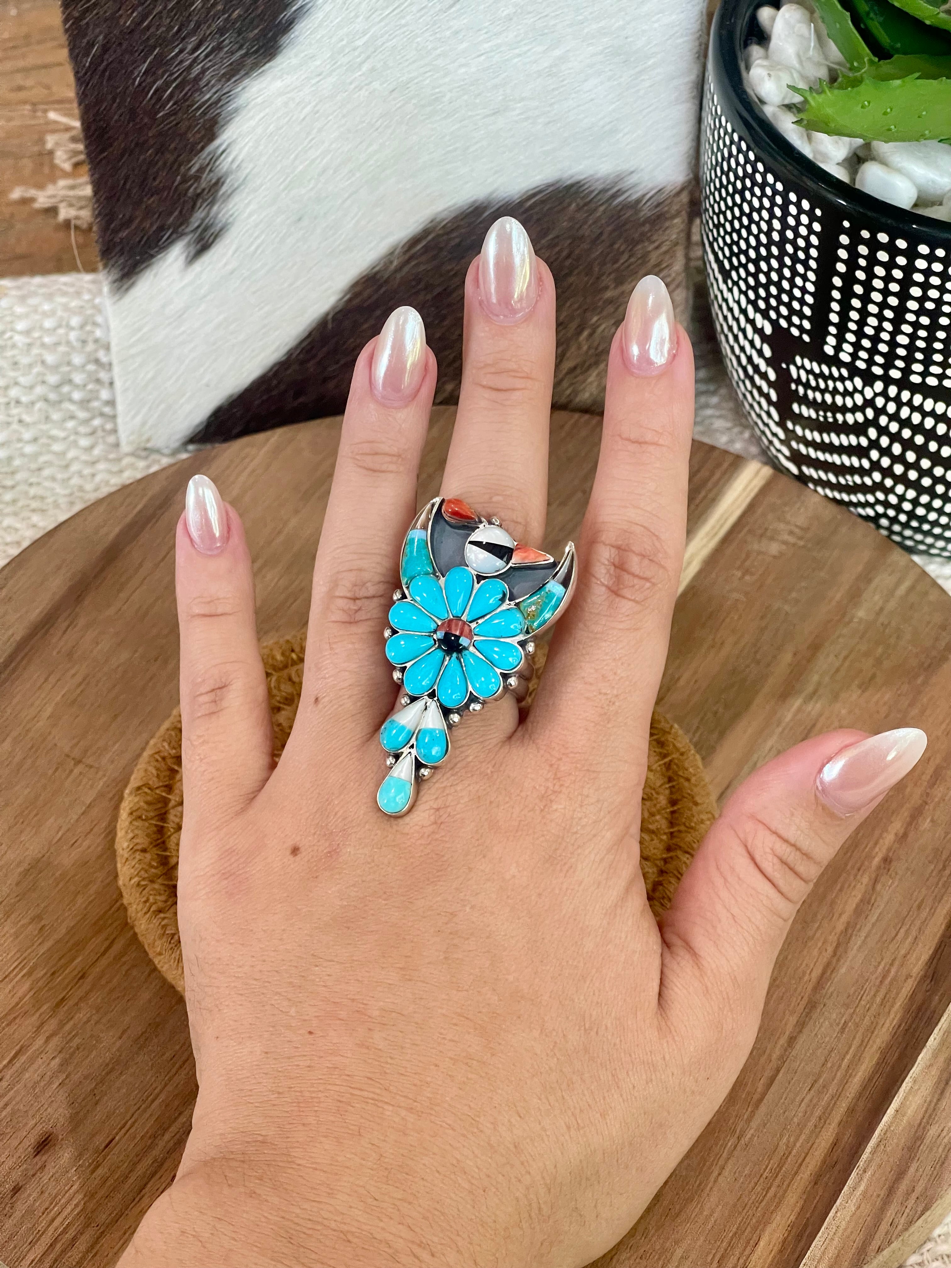 Beautiful Handmade Sterling Silver & Multi Stone Thunderbird Adjustable Ring