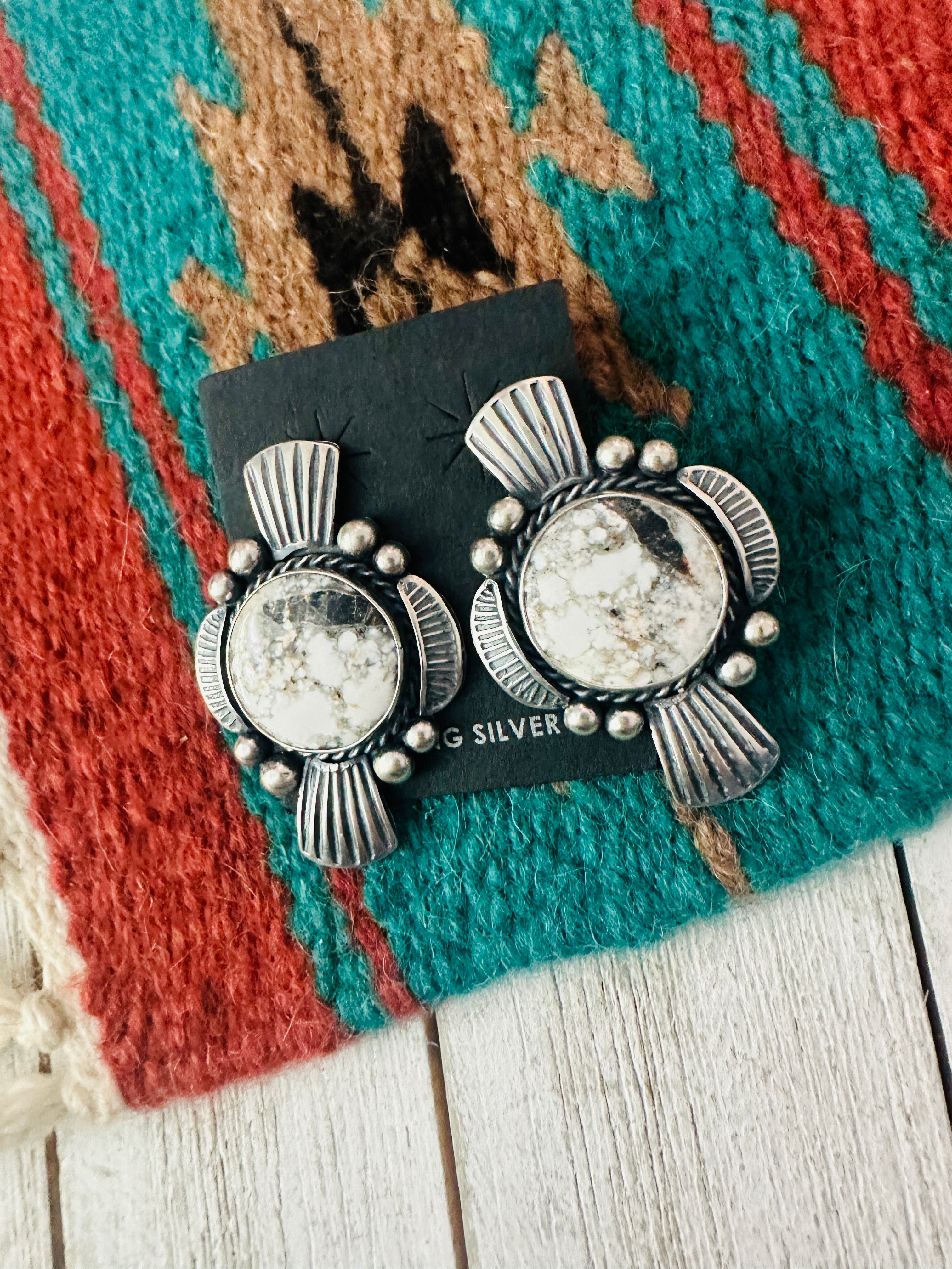 Navajo White Buffalo & Sterling Silver Post Earrings