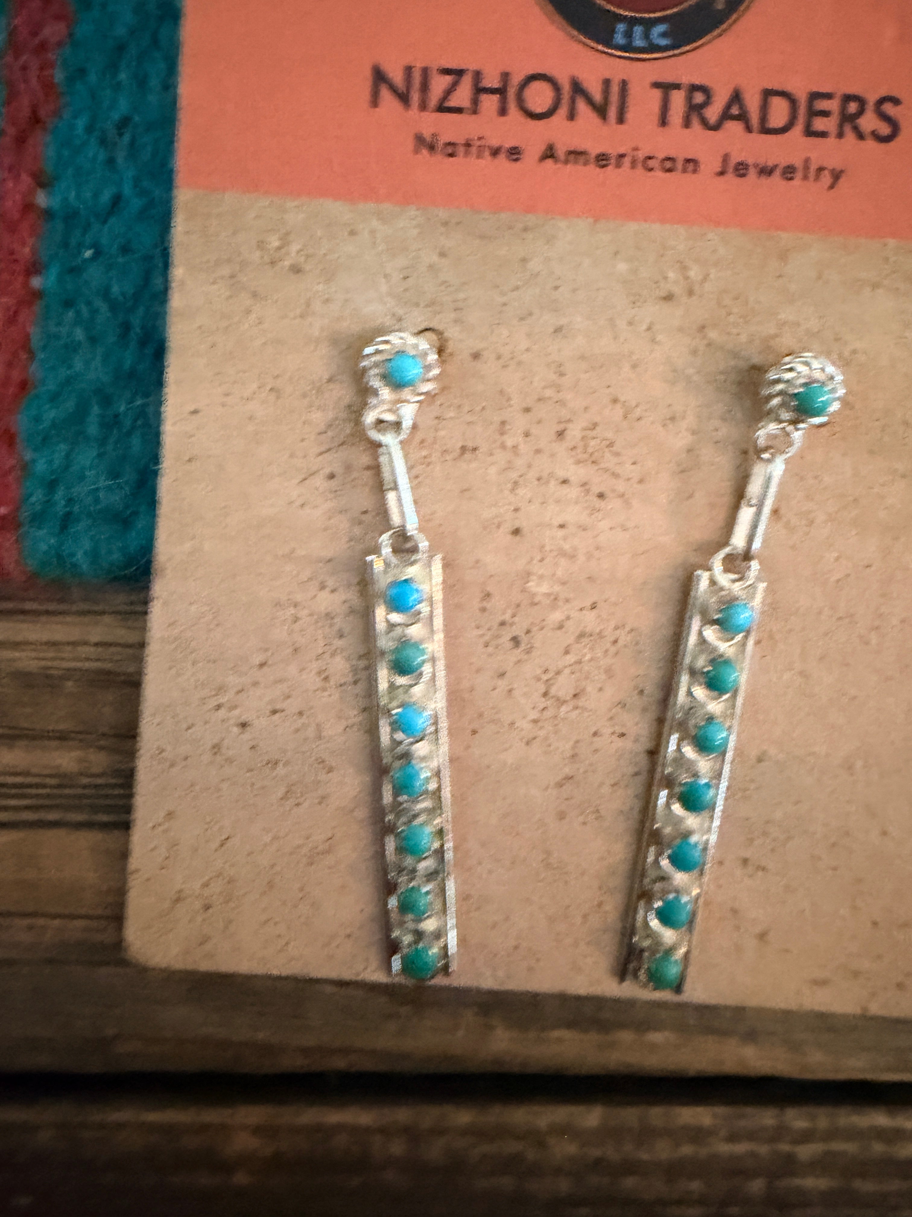 Old Pawn Handcrafted Turquoise & Sterling Silver Petit Point Dangle Earrings