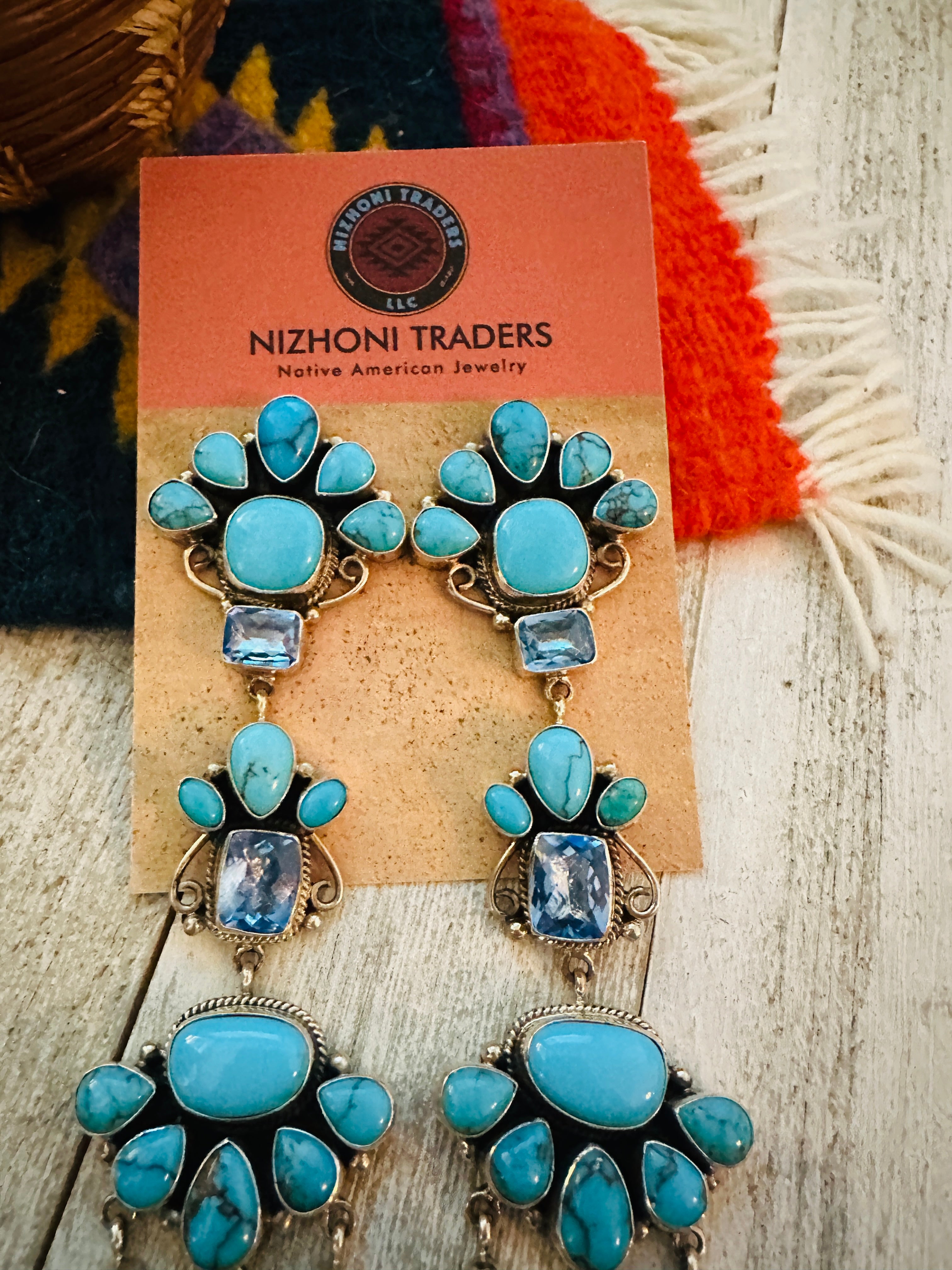 Navajo Turquoise, Topaz & Sterling Silver Chandelier Dangle Earrings