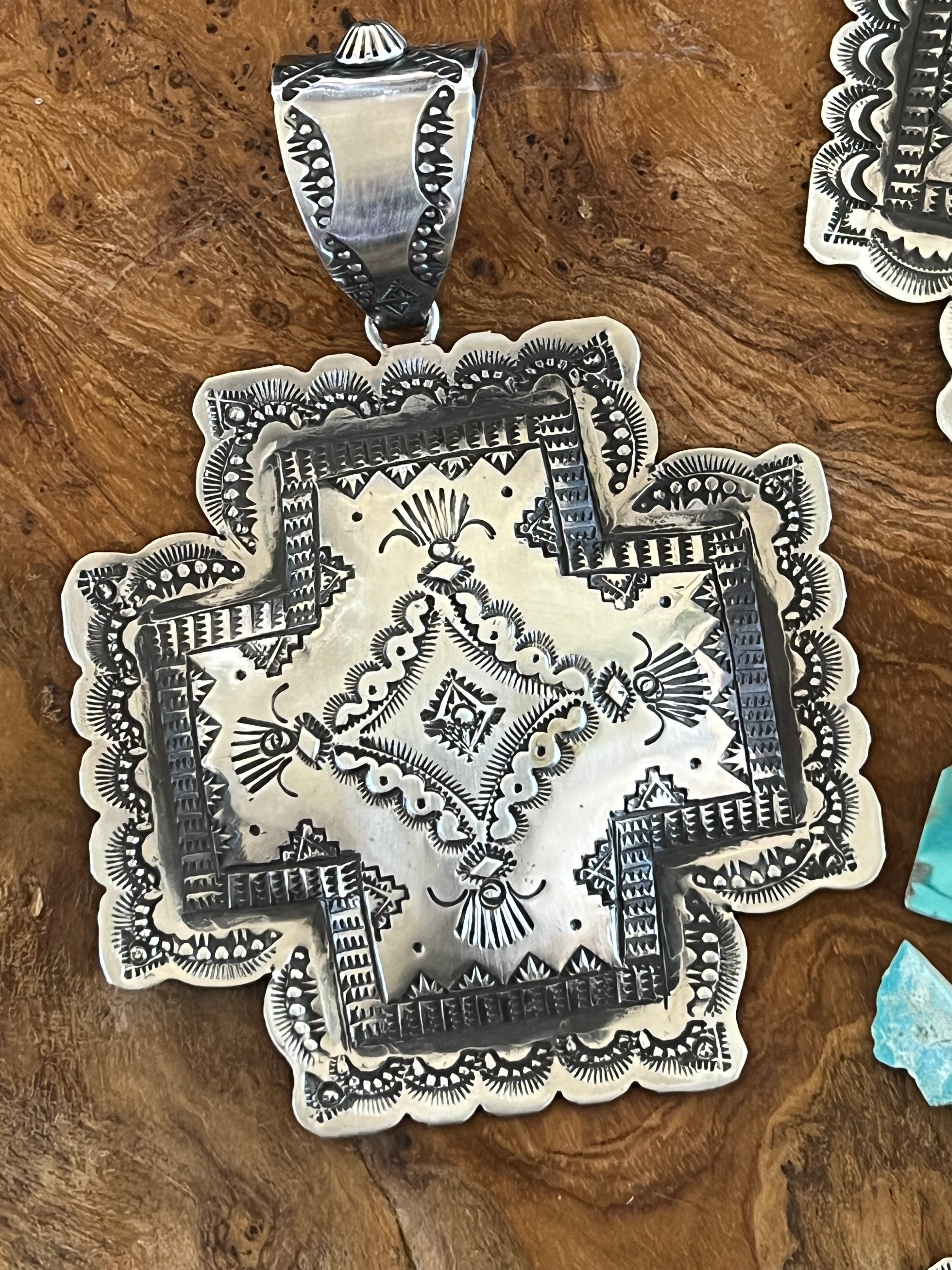 Handcrafted Hand Stamped Sterling Silver Santa Fe Cross Pendant by Victor Platero