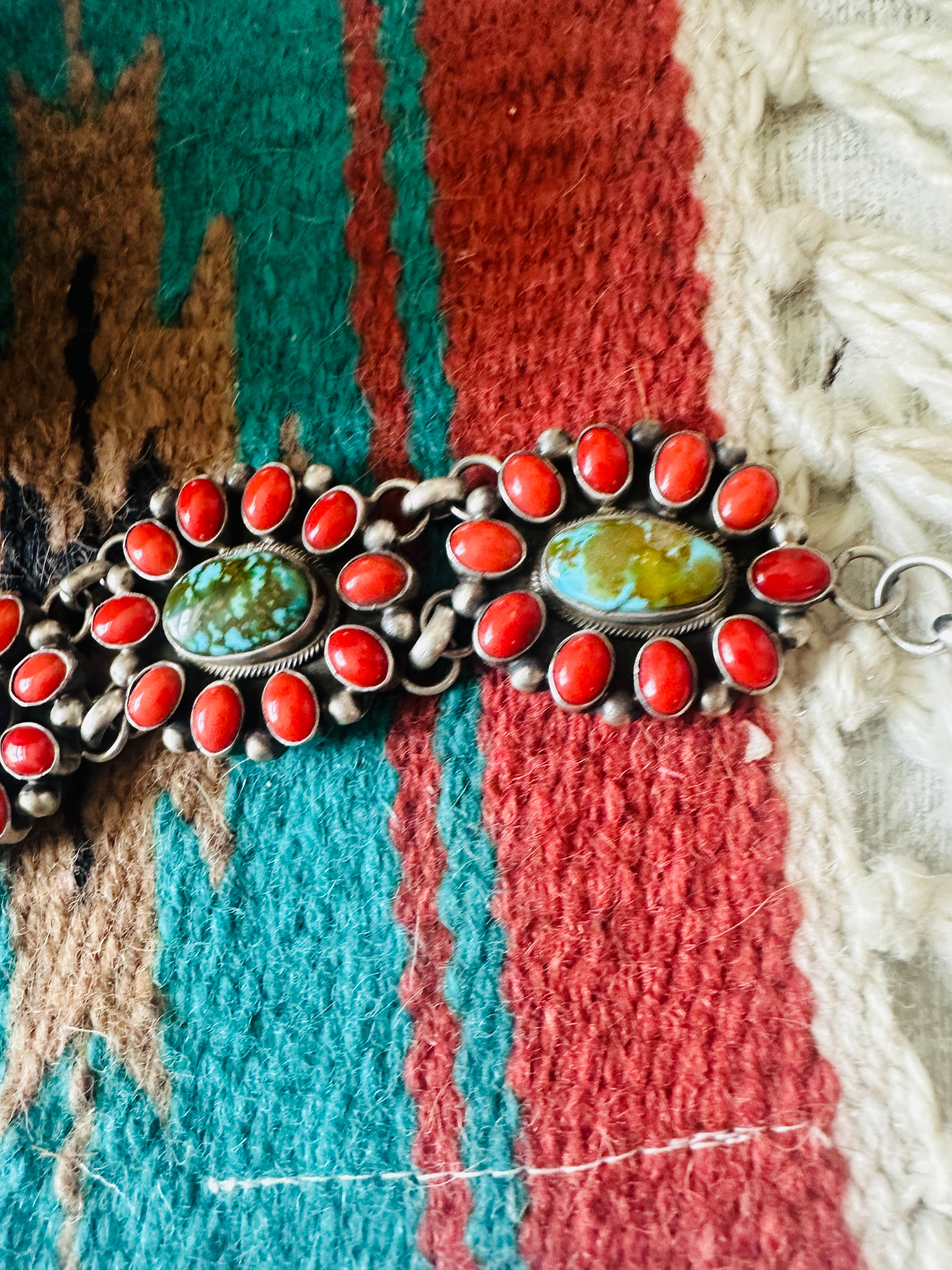 Navajo Coral, Turquoise & Sterling Silver Link Bracelet