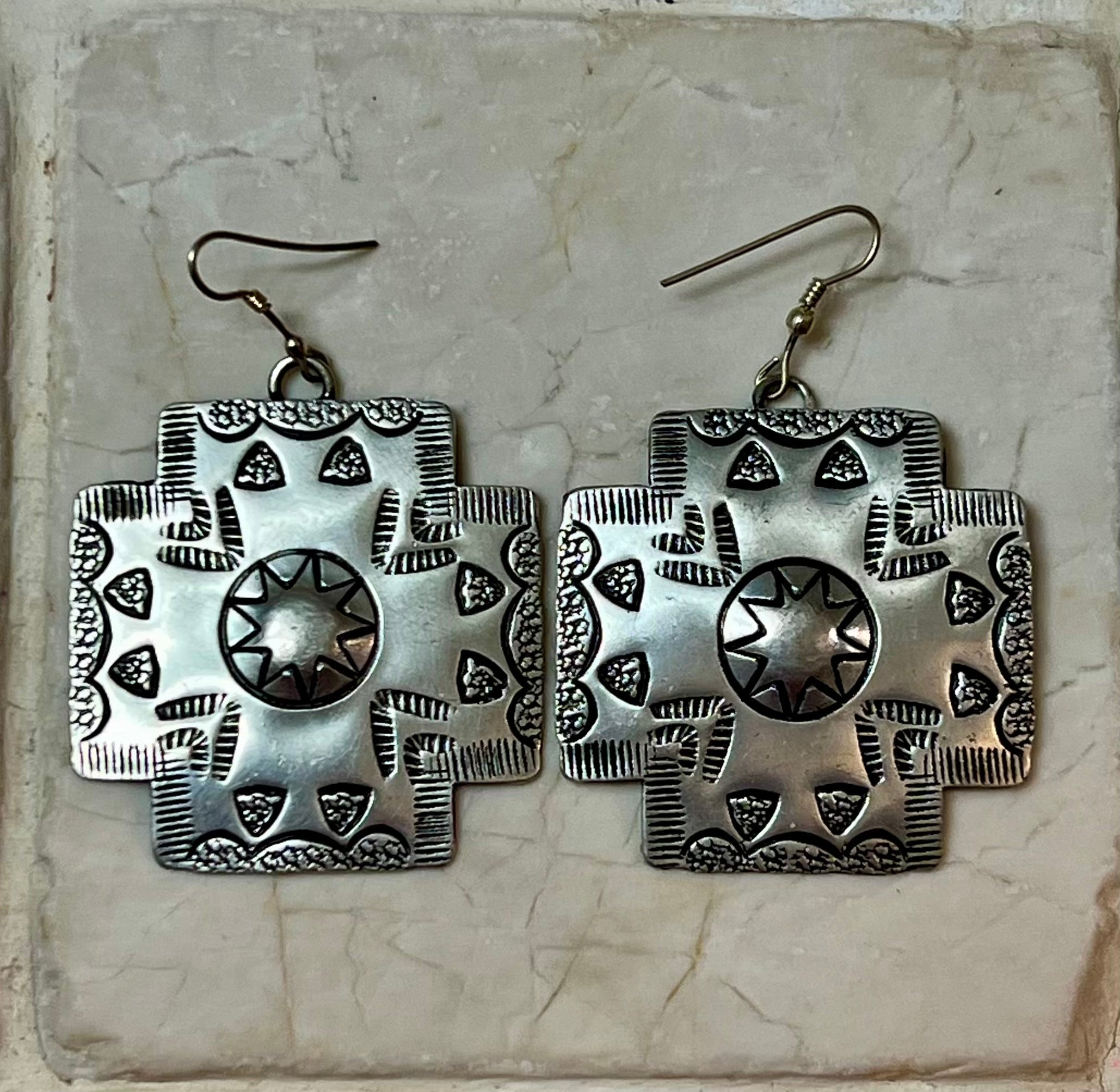 Cross Shaped Silver-Plated Brass Engraved Earrings