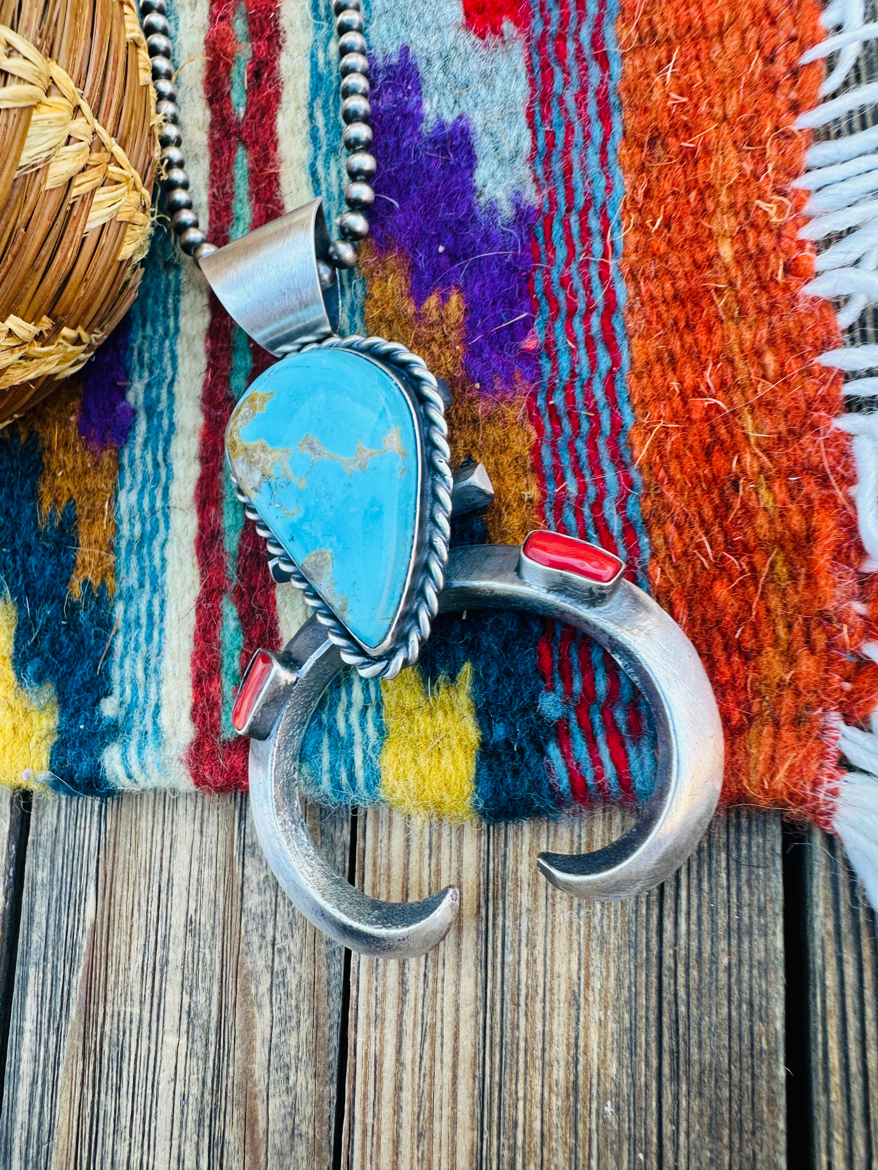 Handcrafted Sterling Silver, Turquoise & Coral Naja Pendant by Chimney Butte