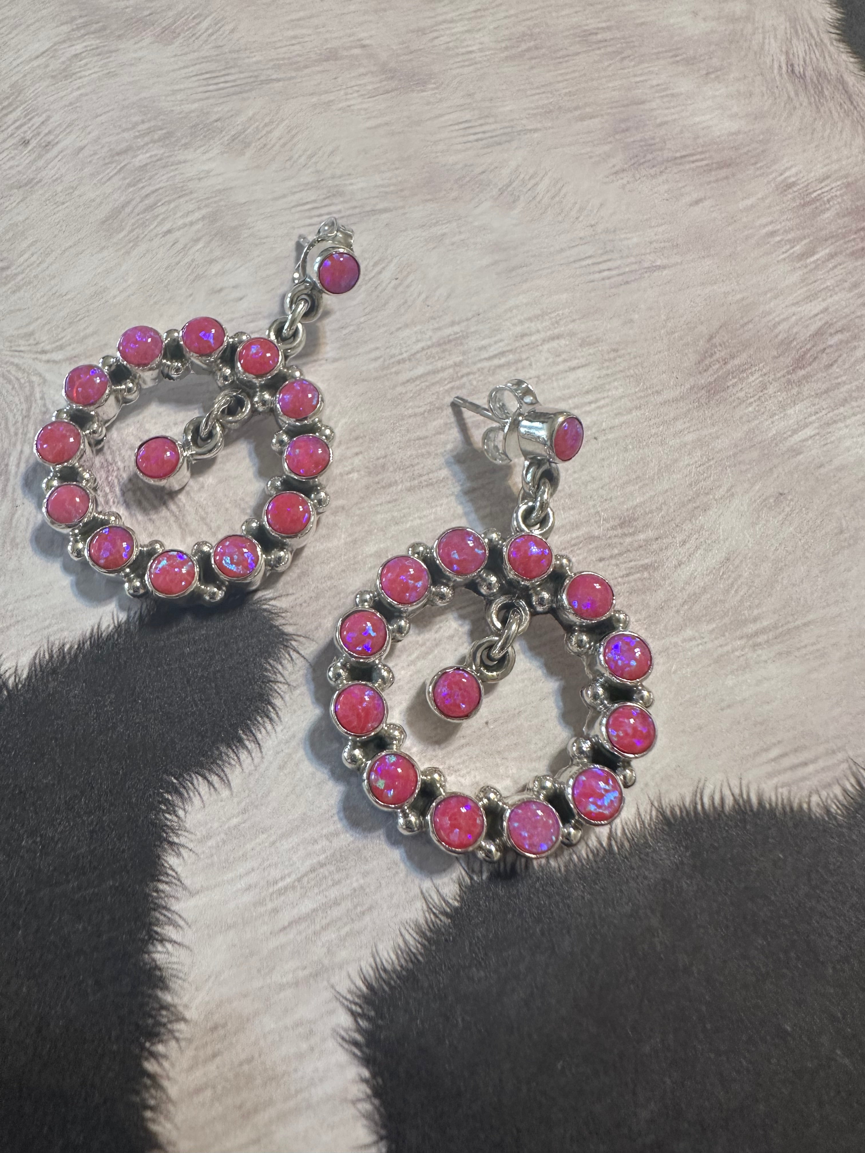 Handmade Hot Pink Fire Opal and Sterling Silver Dangle Earrings