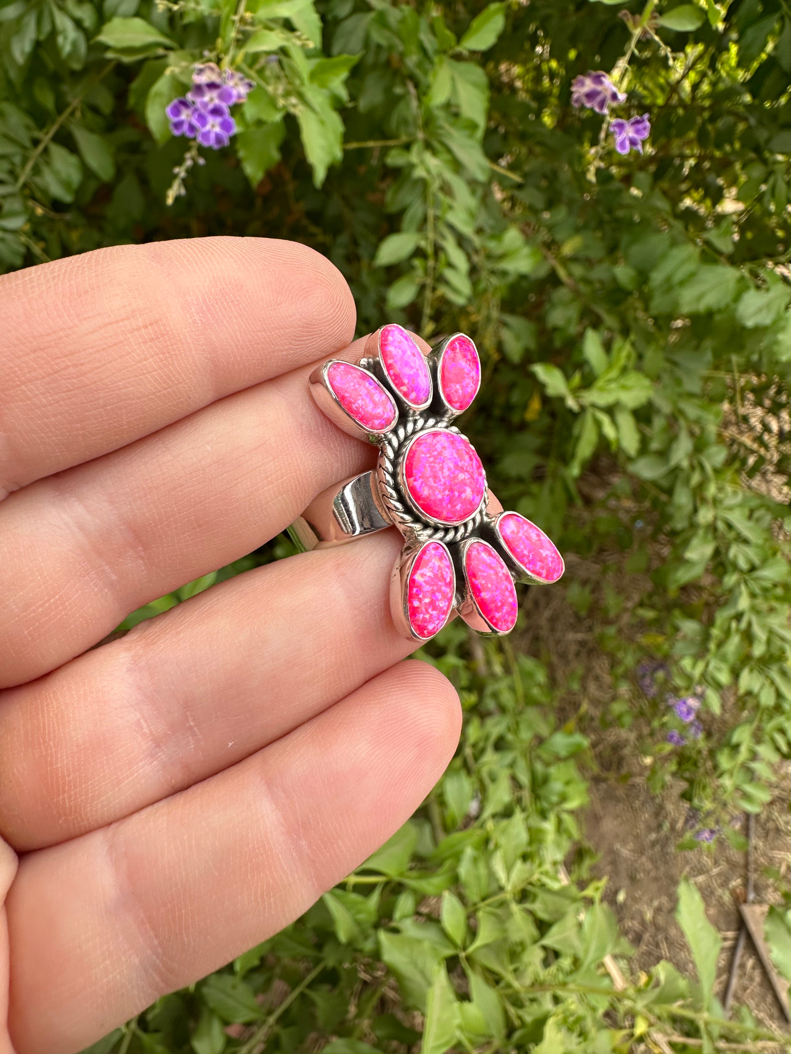 “Barbies Choice” Beautiful Handmade Hot Pink Fire Opal And Sterling Silver Adjustable Ring