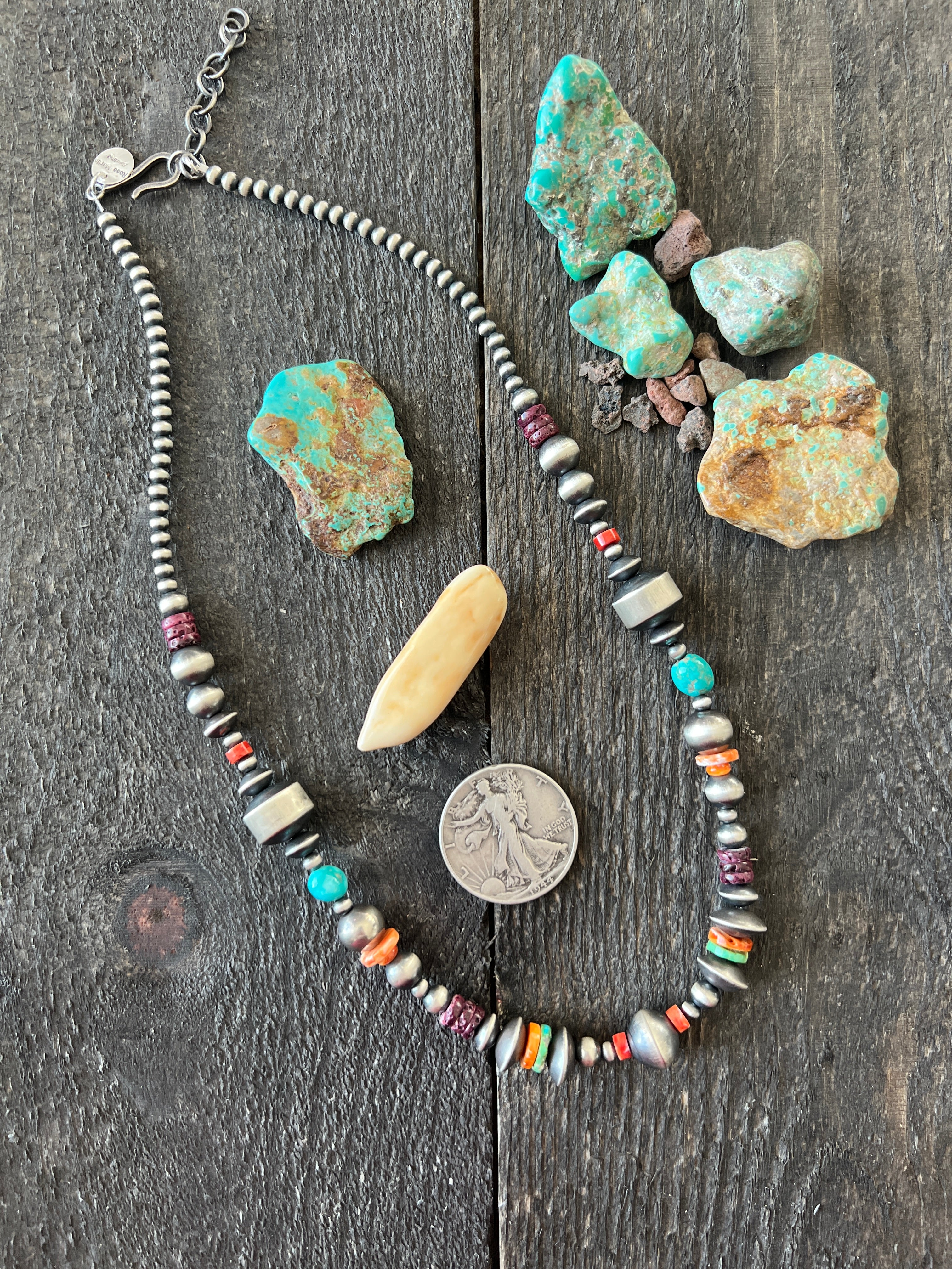Handcrafted Made Electric Rainbow Sterling Silver, Turquoise and Spiny Oyster Single Strand Beaded Necklace by Rose Martin, 20 + 2 Inches