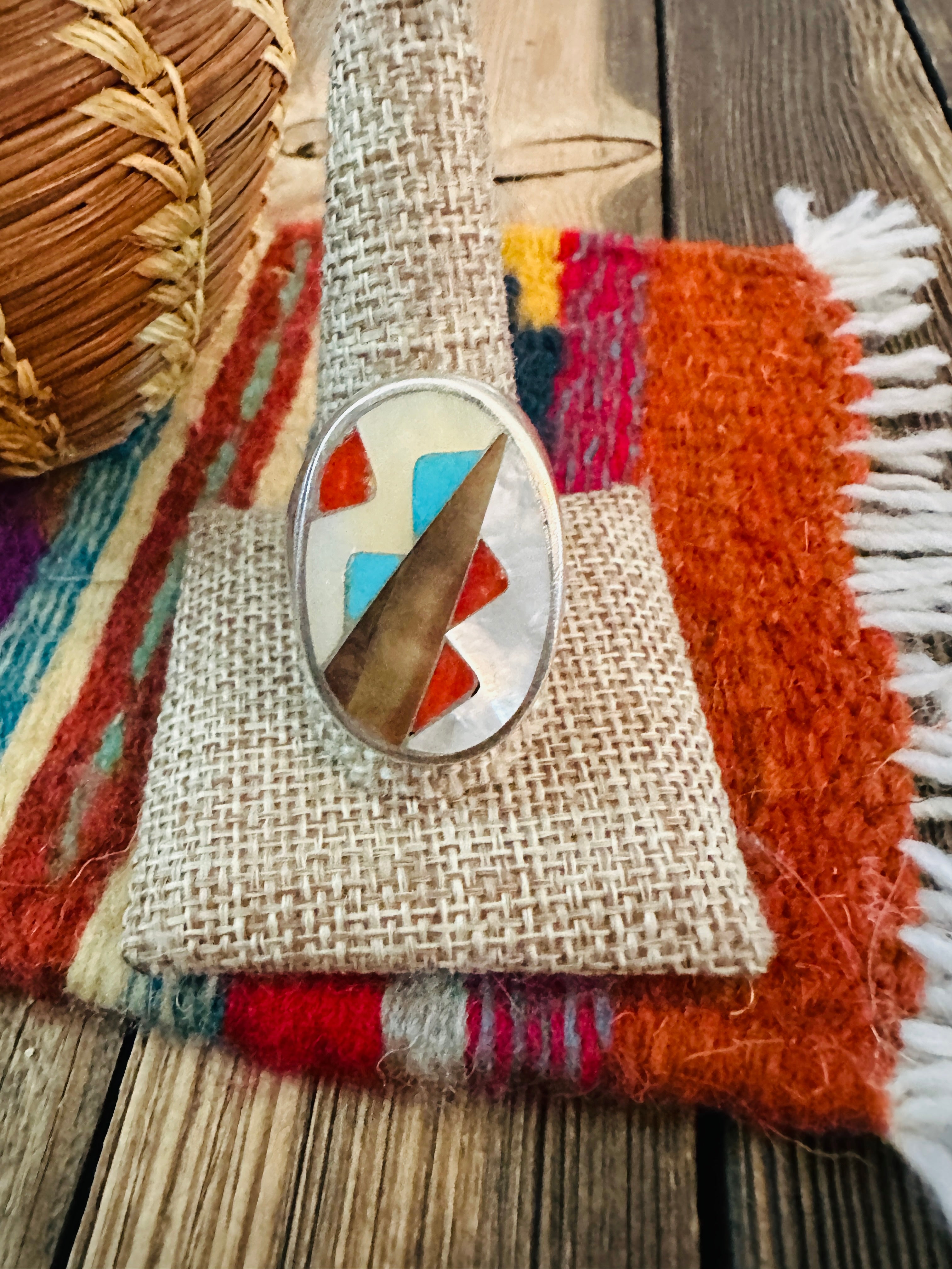 Old Pawn Handcrafted Multi Stone & Sterling Silver Inlay Ring Size 11