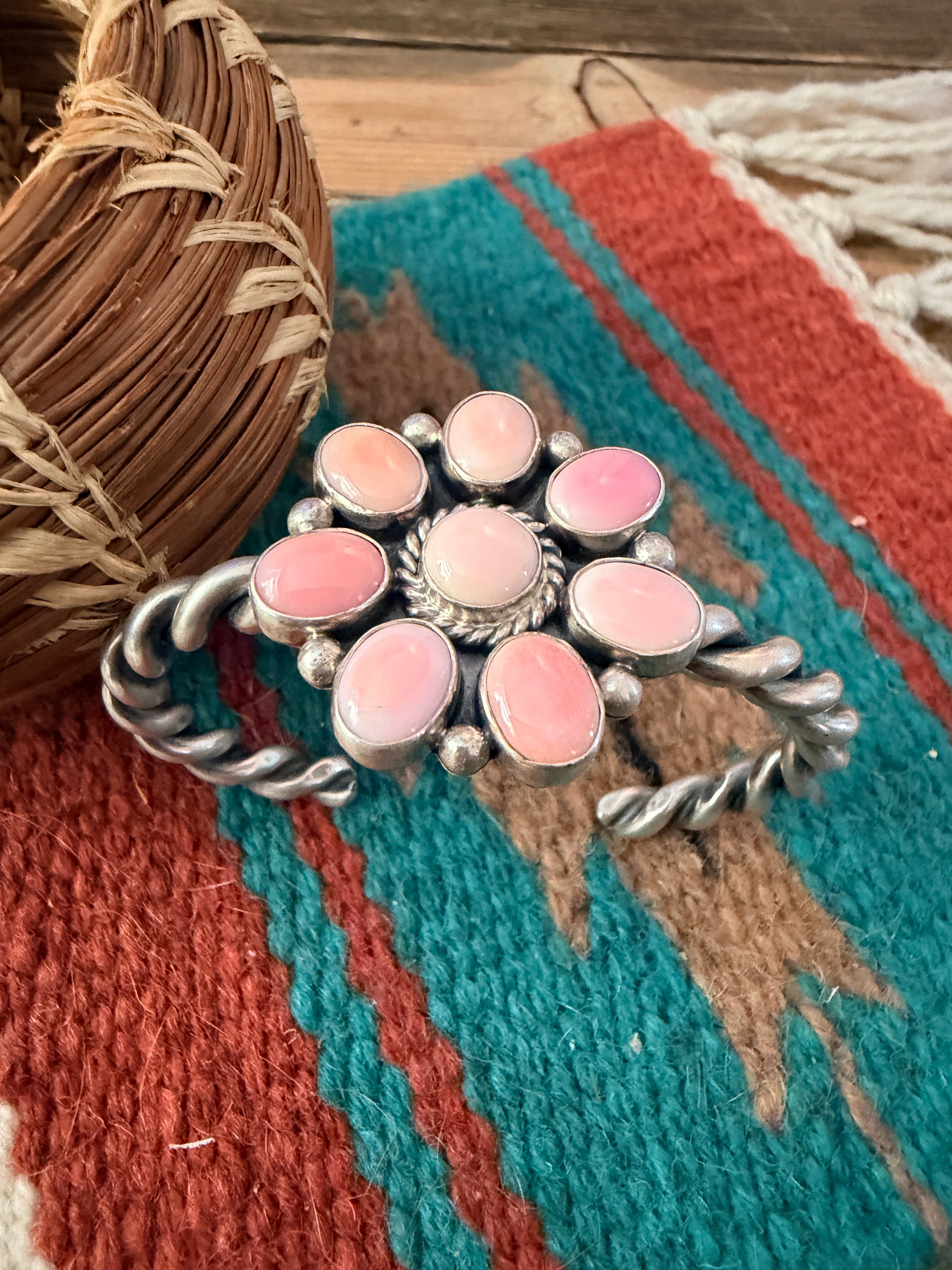 Handcrafted Old Pawn Sterling Silver & Queen Pink Conch Cluster Cuff Bracelet