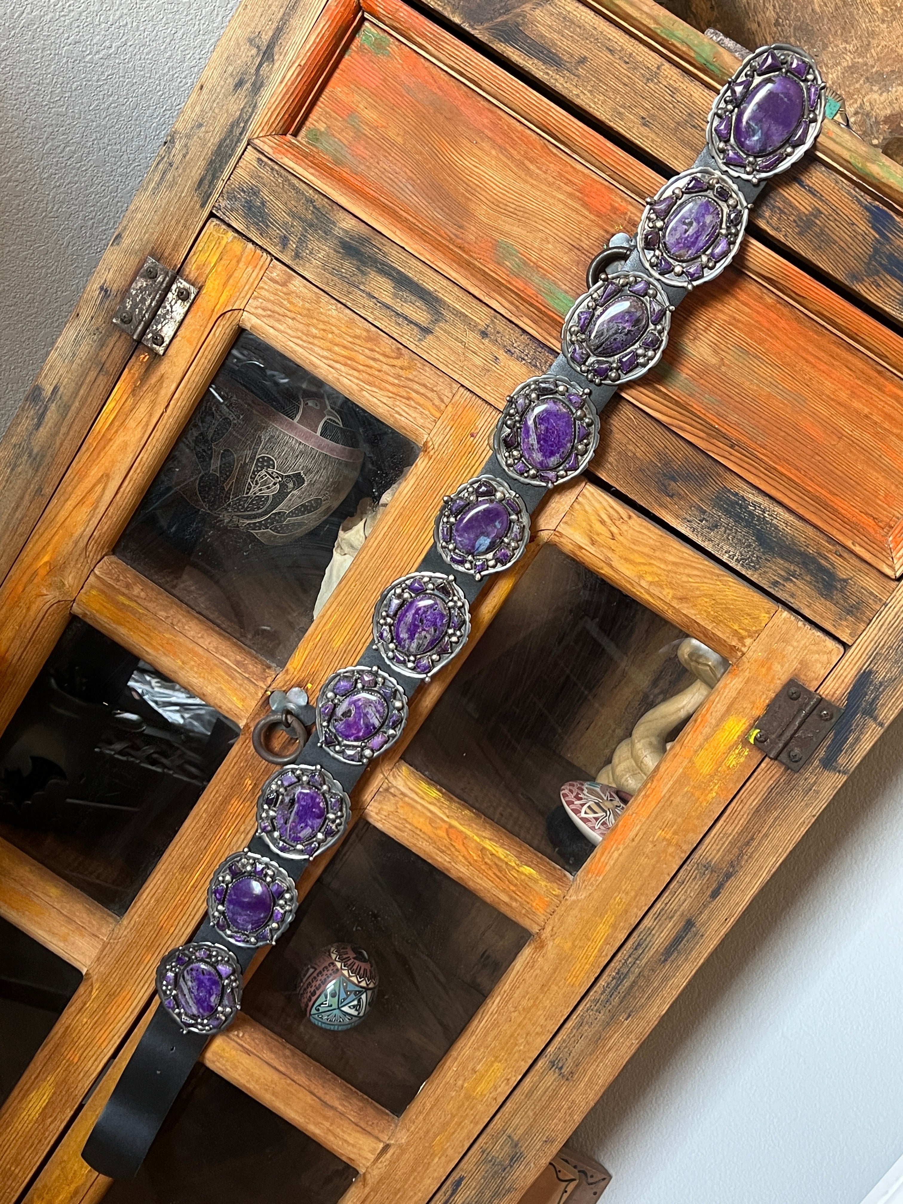 Gorgeous Old Pawn Handcrafted Sterling Silver and Purple Sodalite Concho Belt by Eric & Carol Fierro