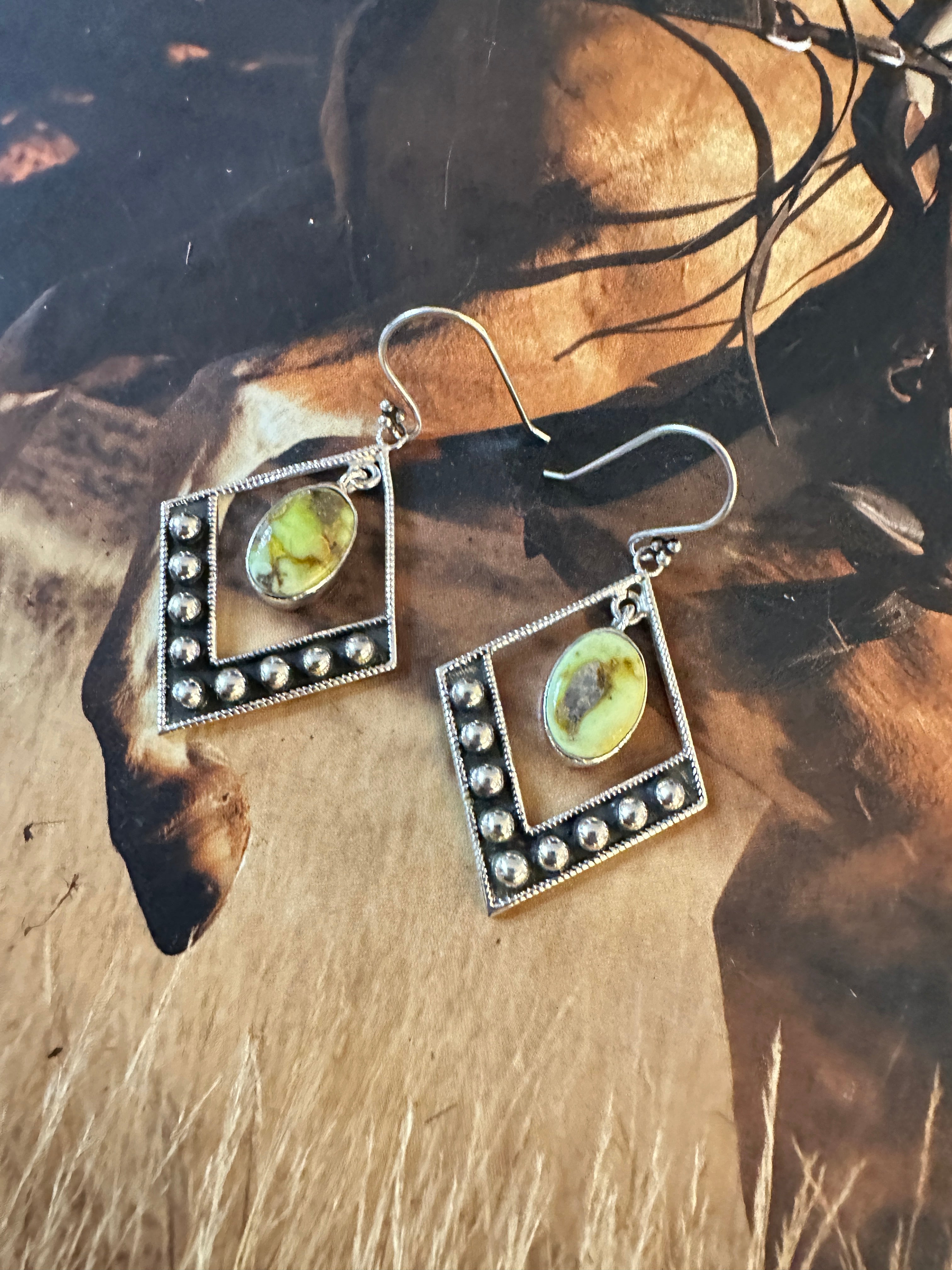 Handmade Golden Hills Turquoise and Sterling Silver Dangle Earrings