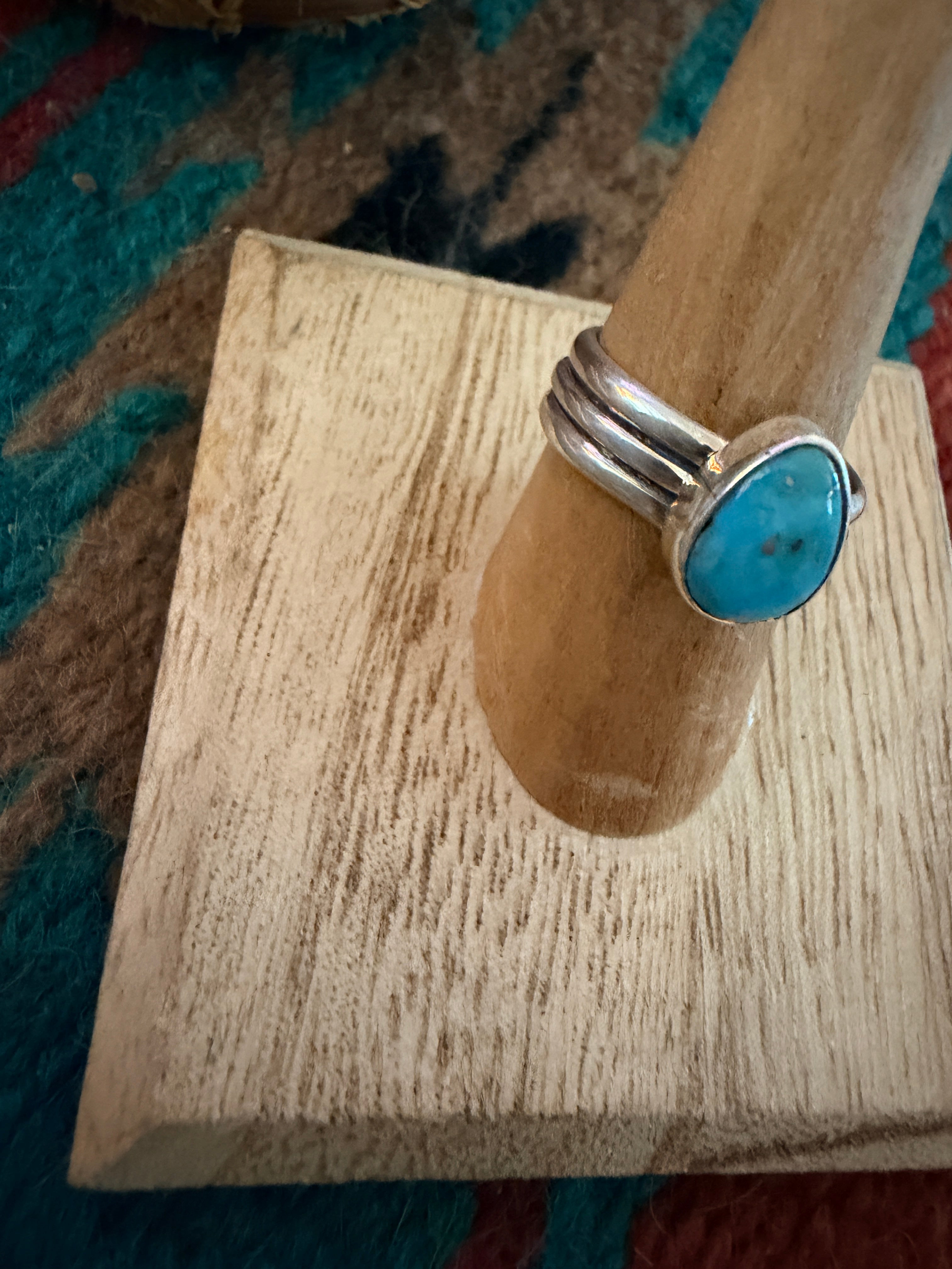 Handcrafted Turquoise & Sterling Silver Band Ring Size 7.5