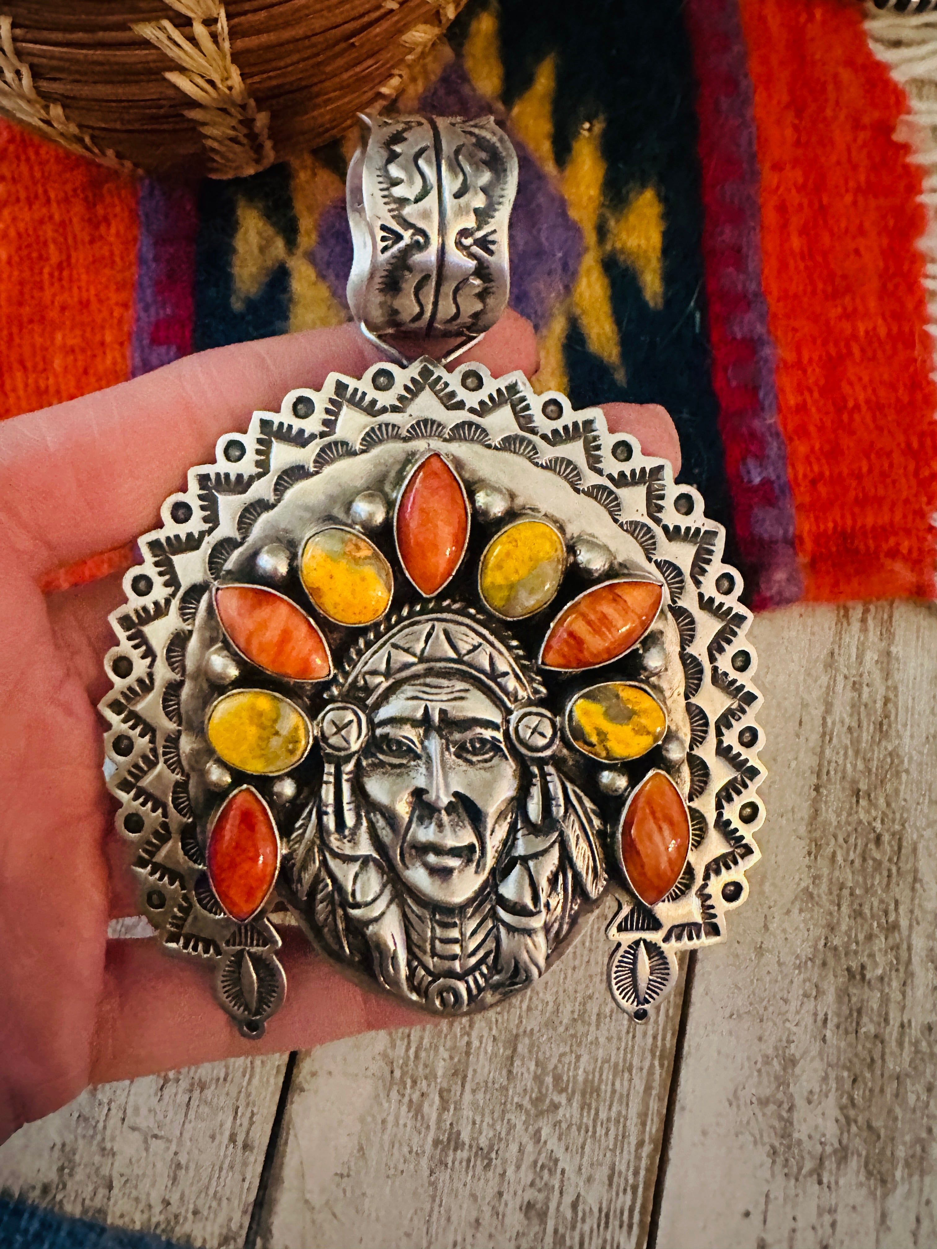 Navajo Spiny, Jasper & Sterling Silver Indian Chief Pendant