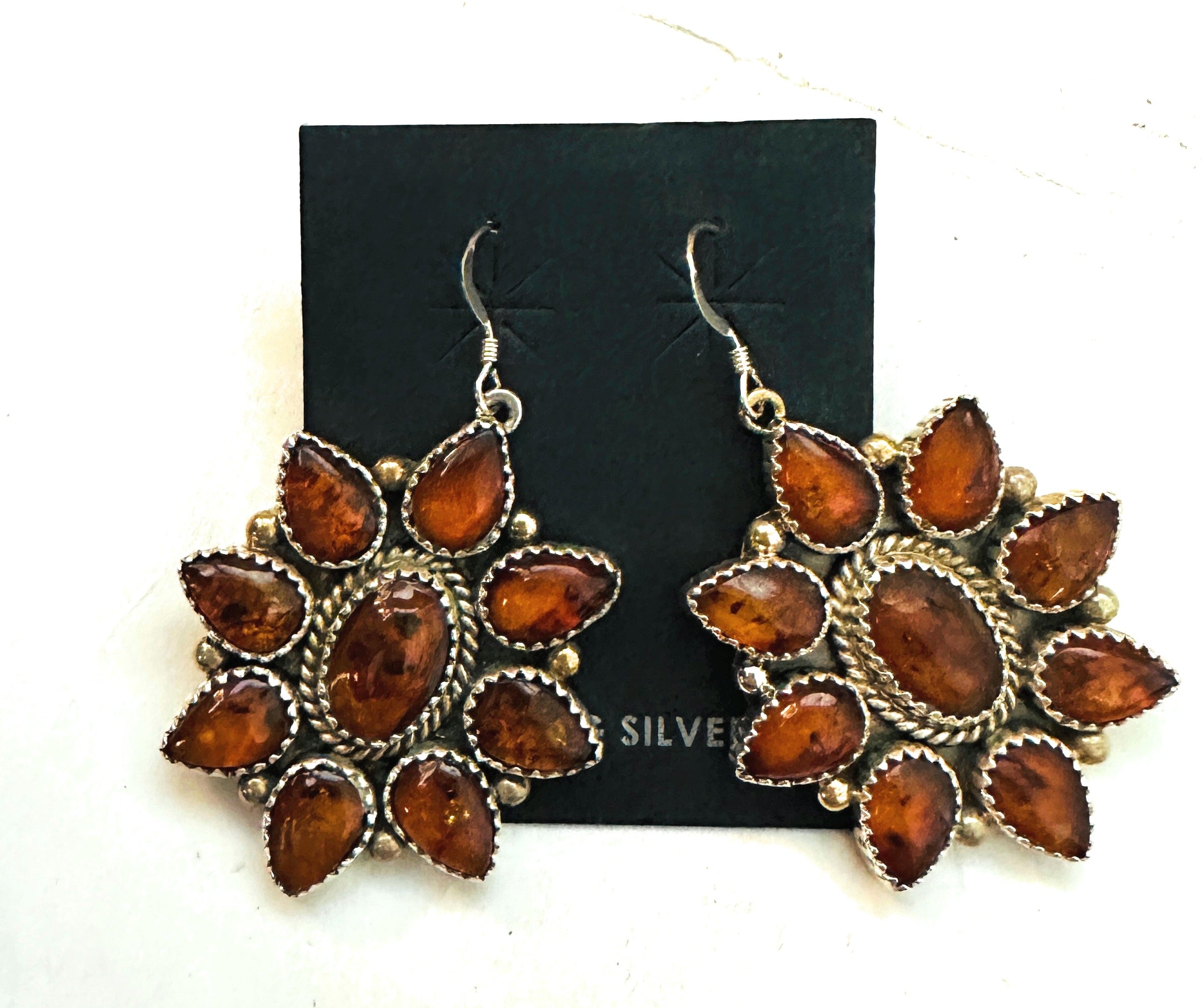 Navajo Amber & Sterling Silver Cluster Dangle Earrings