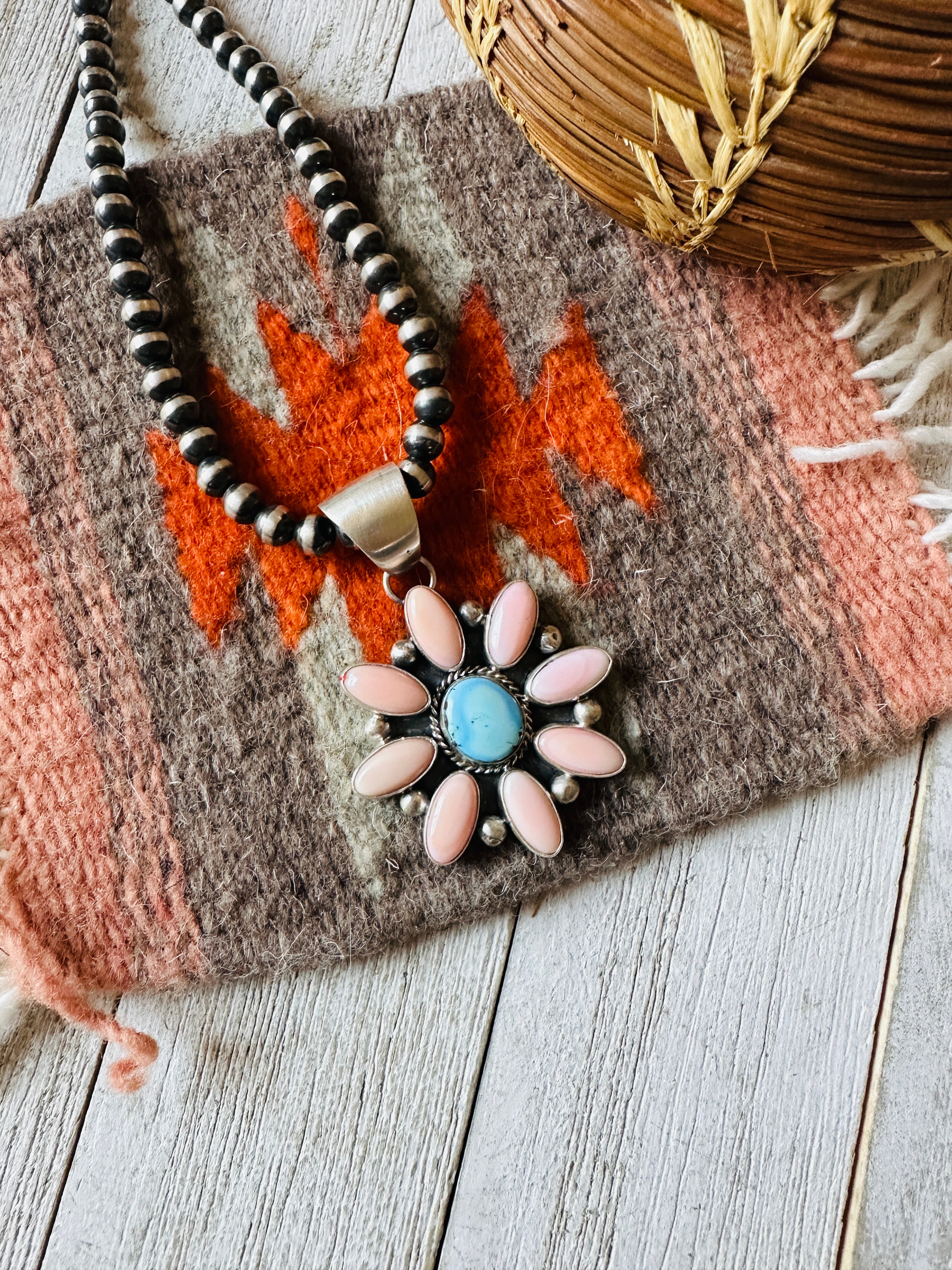 Navajo Queen Pink Conch, Turquoise & Sterling Silver Cluster Pendant