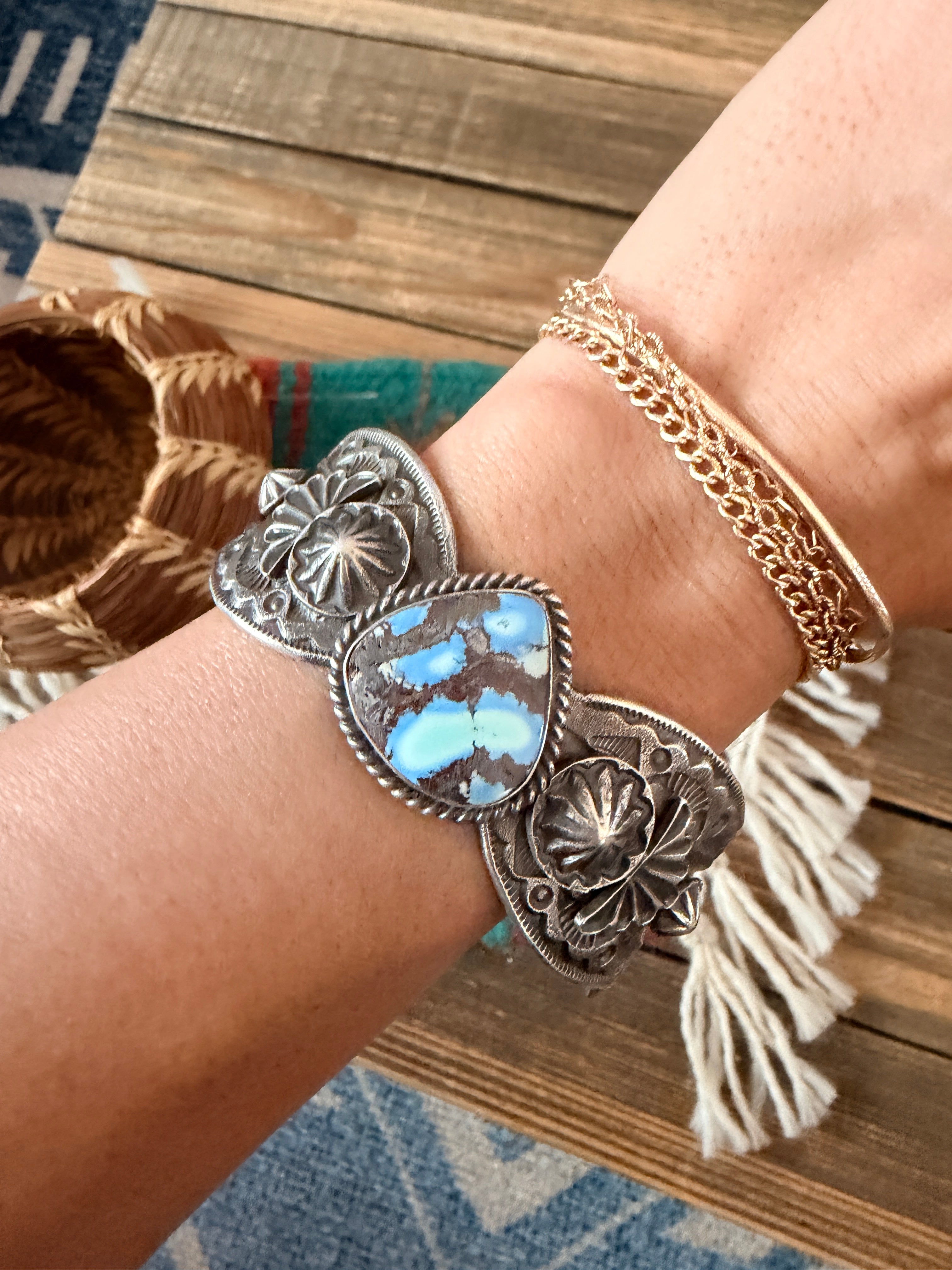 Handcrafted Golden Hills Turquoise & Sterling Silver Cuff Bracelet by Kevin Billah