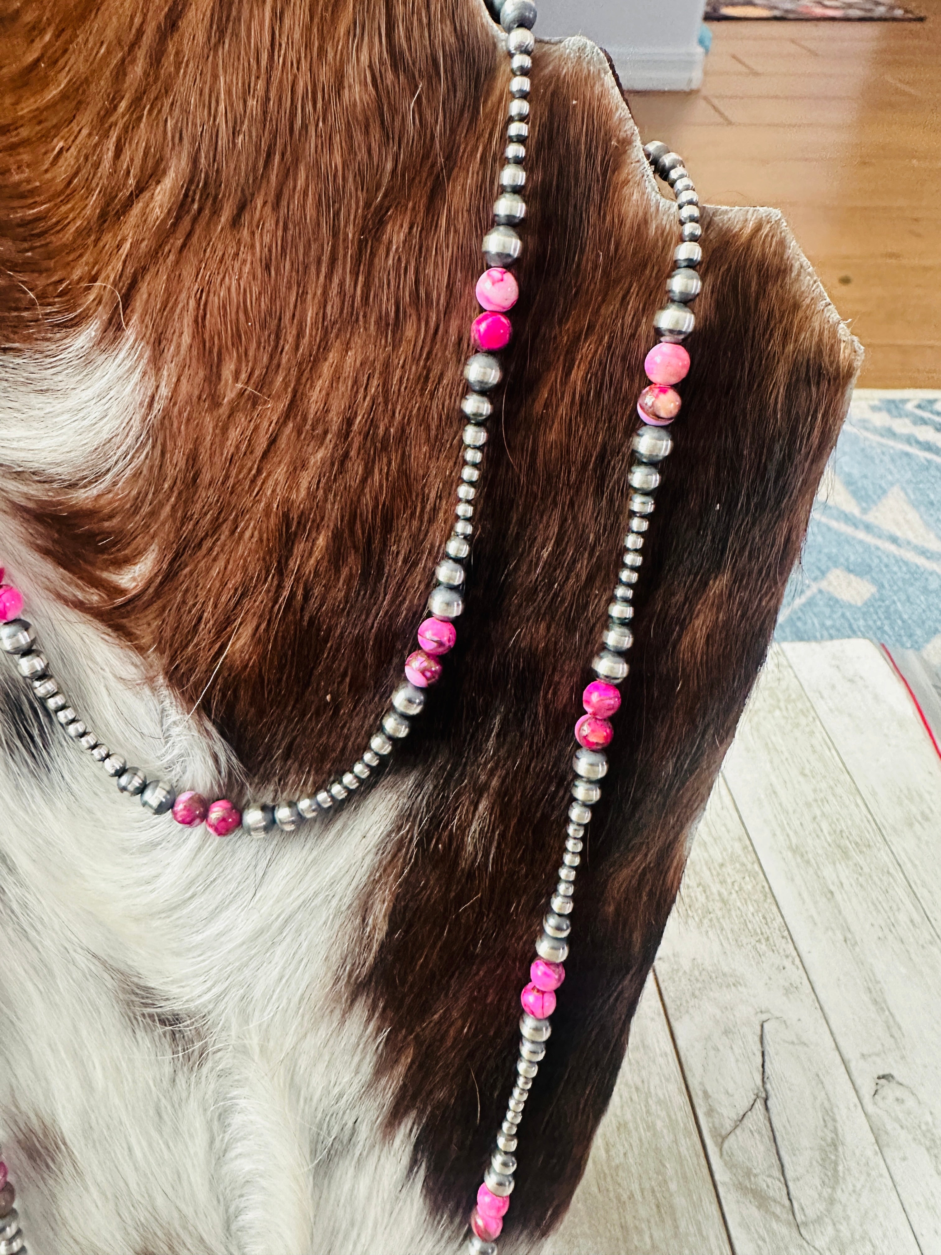Handcrafted Sterling Silver & Pink Mojave Beaded Necklace