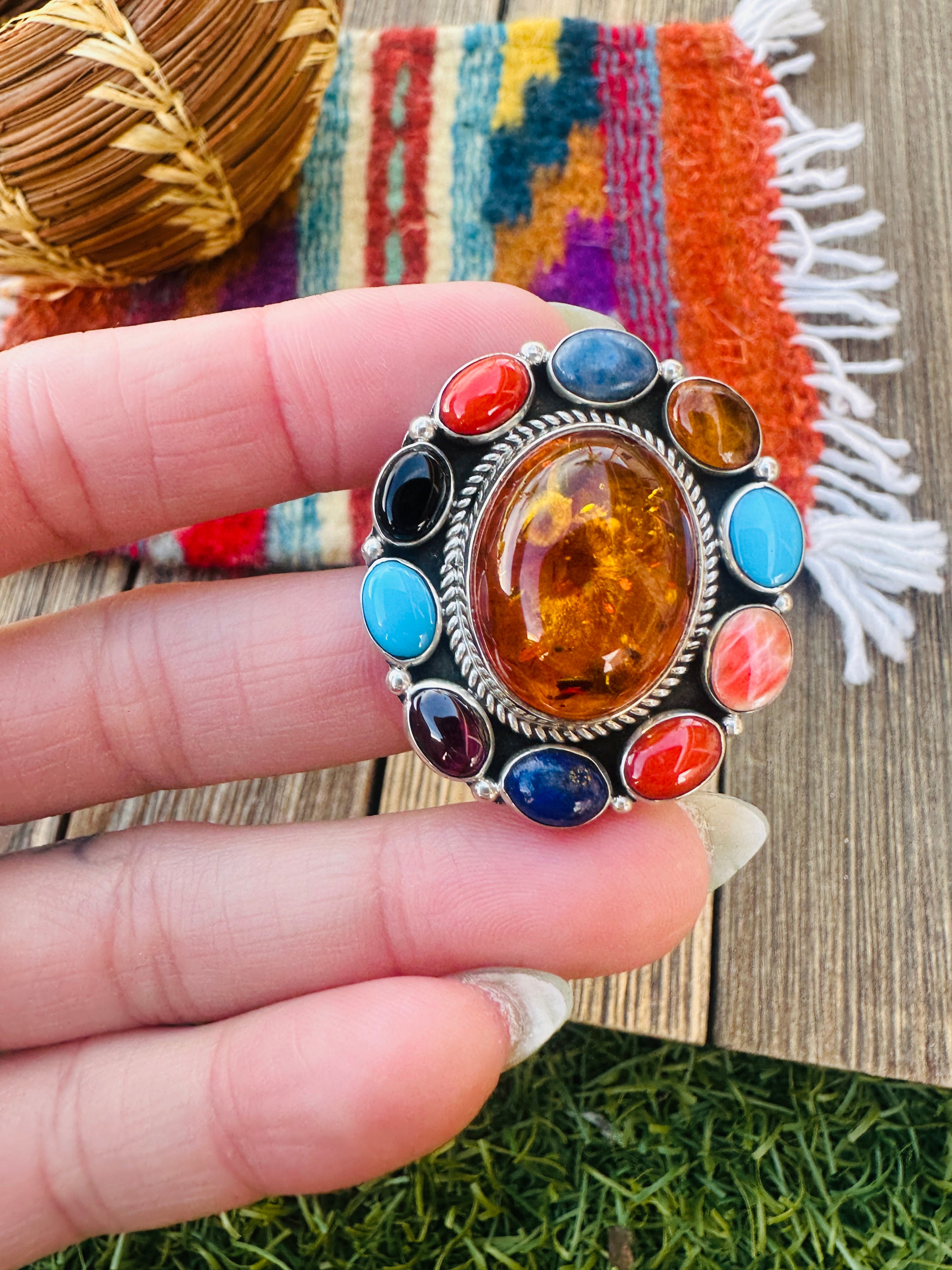 Handcrafted Sterling Silver and Multi Stone Cluster Brooch/ Pendant