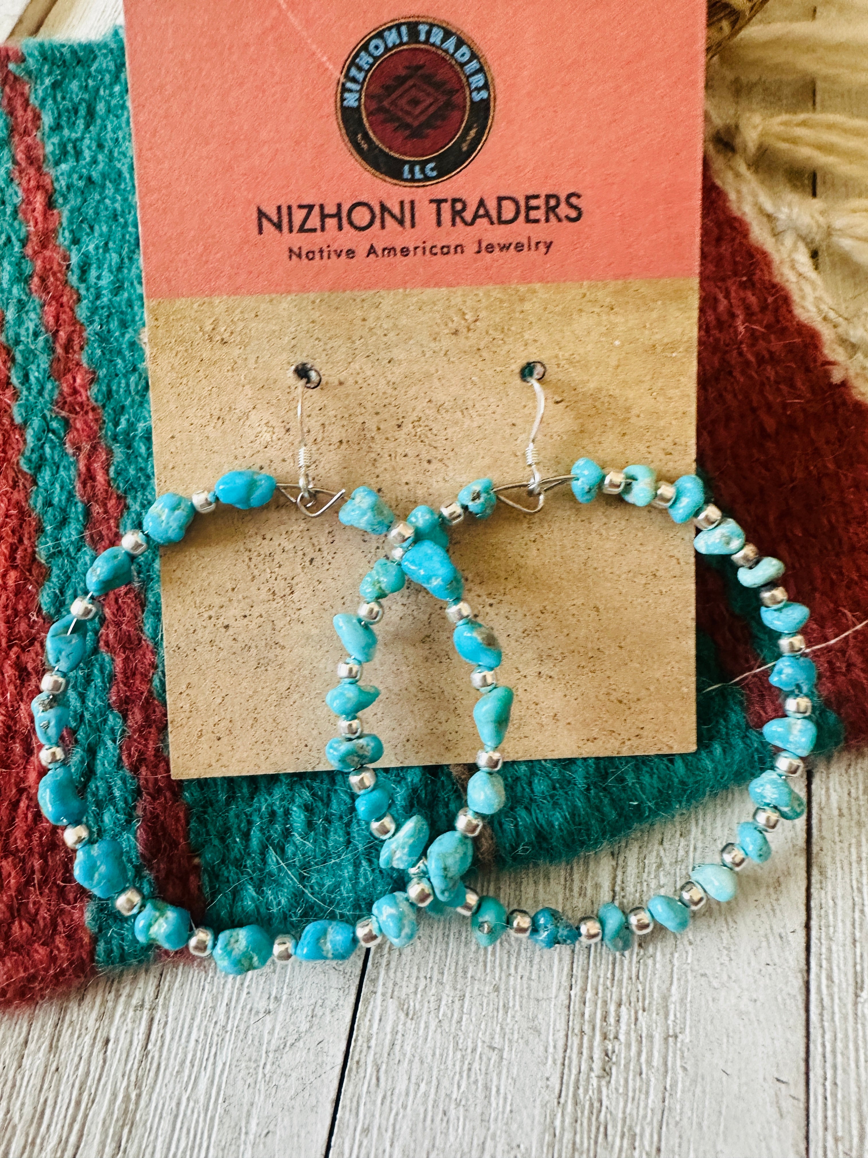 Navajo Turquoise & Sterling Silver Dangle Hoop Earrings