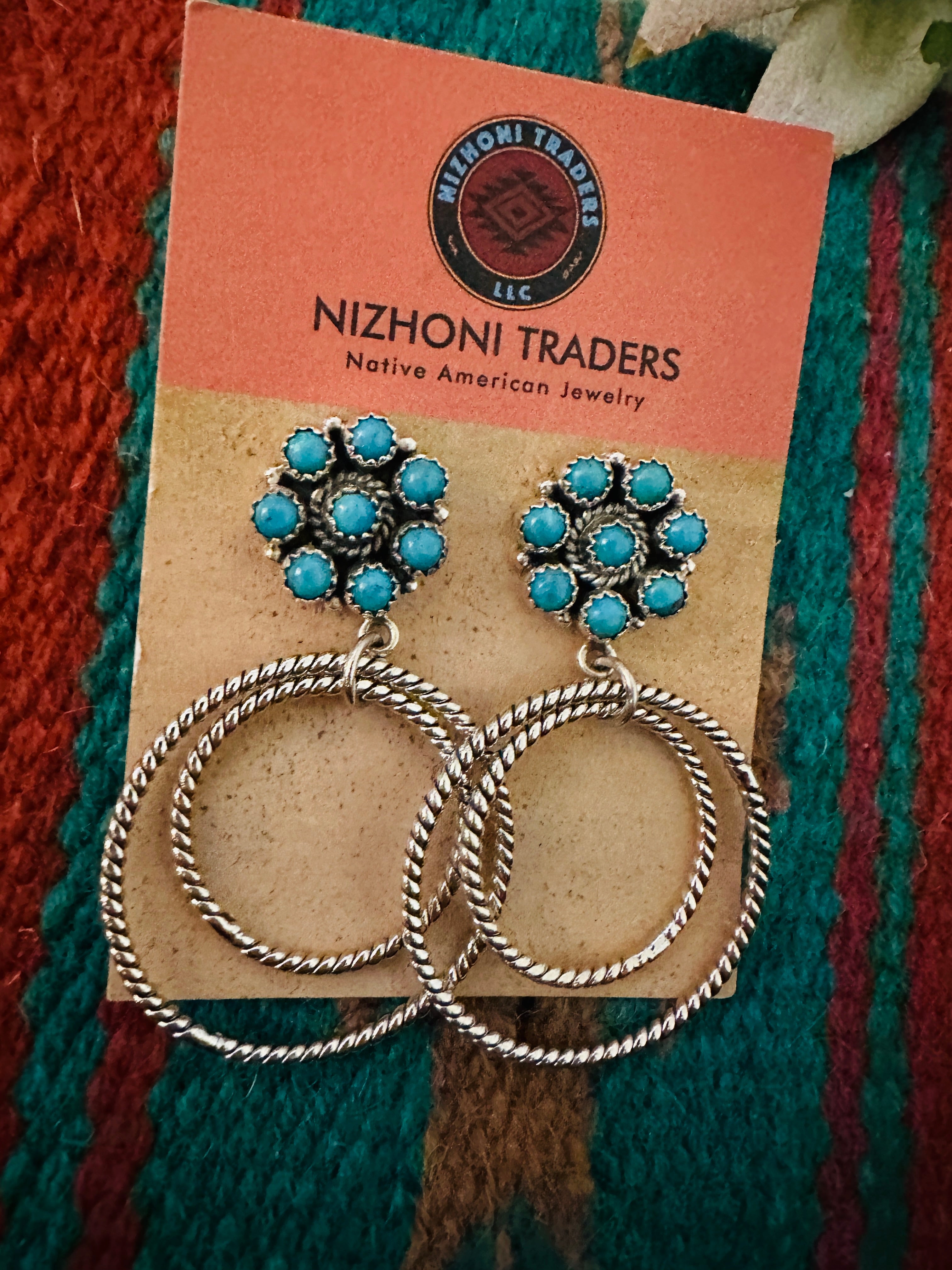 Handmade Turquoise, & Sterling Silver Cluster Circle Dangle Earrings Signed Nizhoni