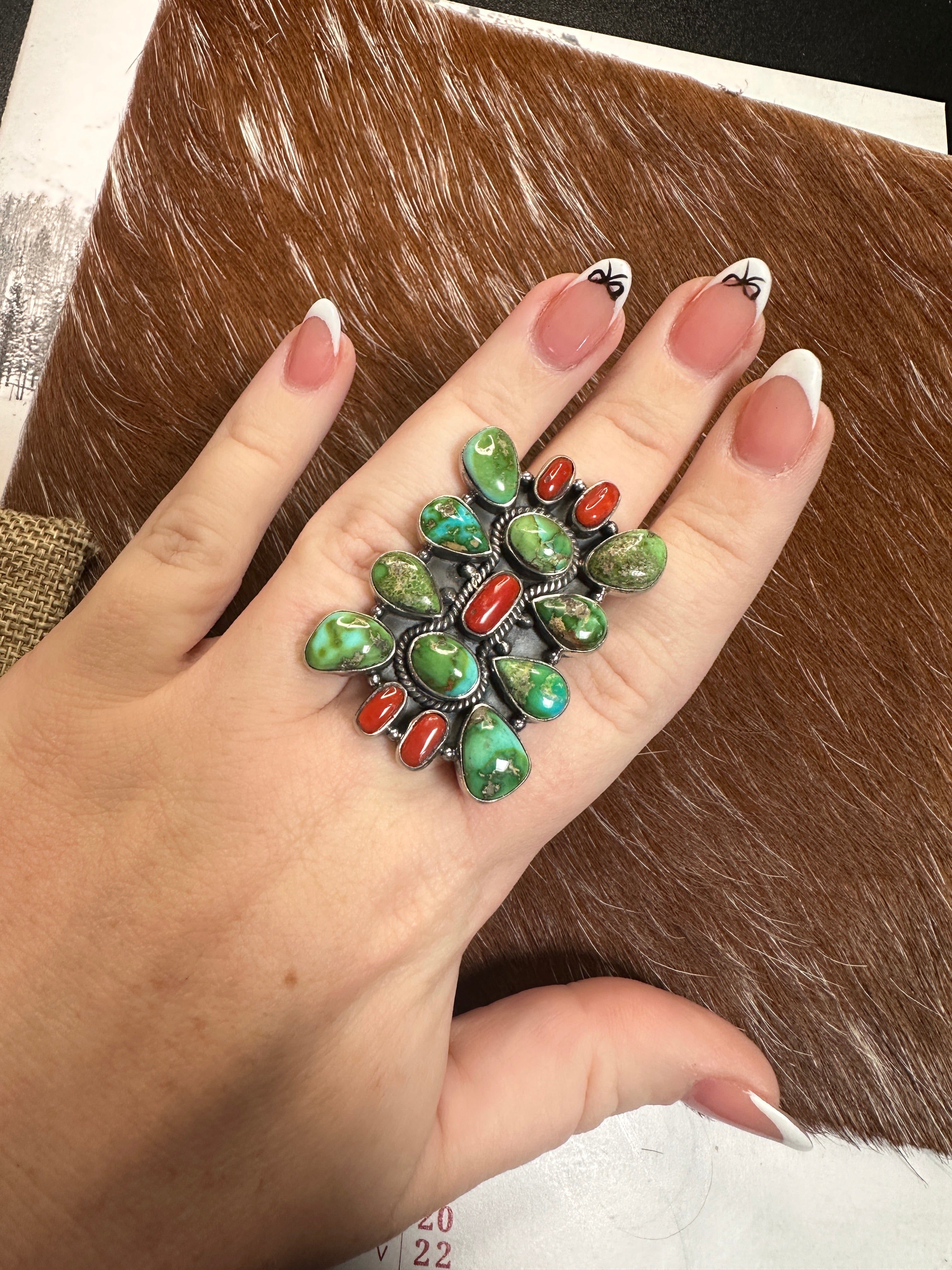 Beautiful Handmade Coral, Sonoran Turquoise And Sterling Silver Adjustable Statement Ring 8