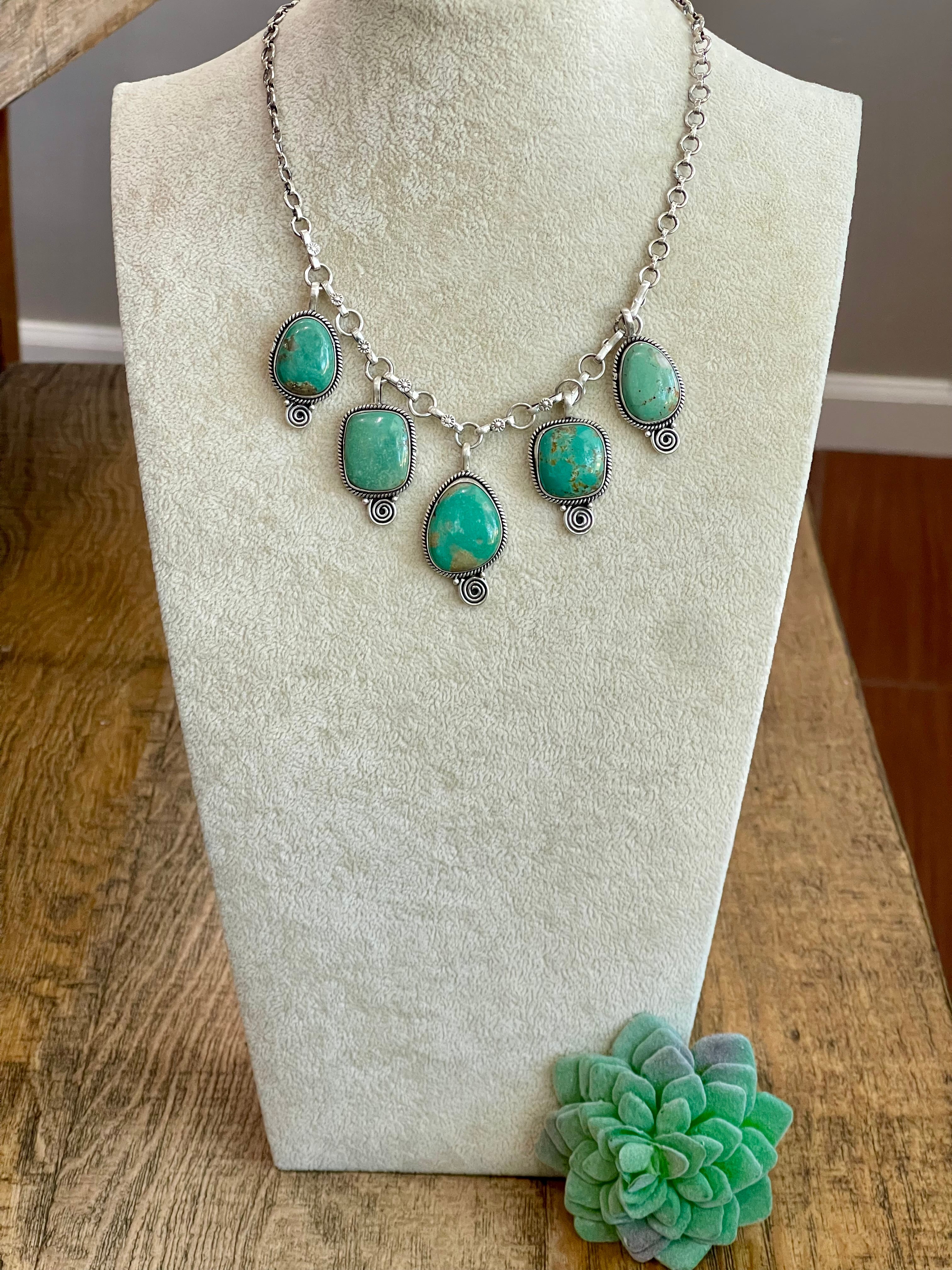 Handmade Sterling Silver & Royston Turquoise Dangle Necklace Signed Nizhoni