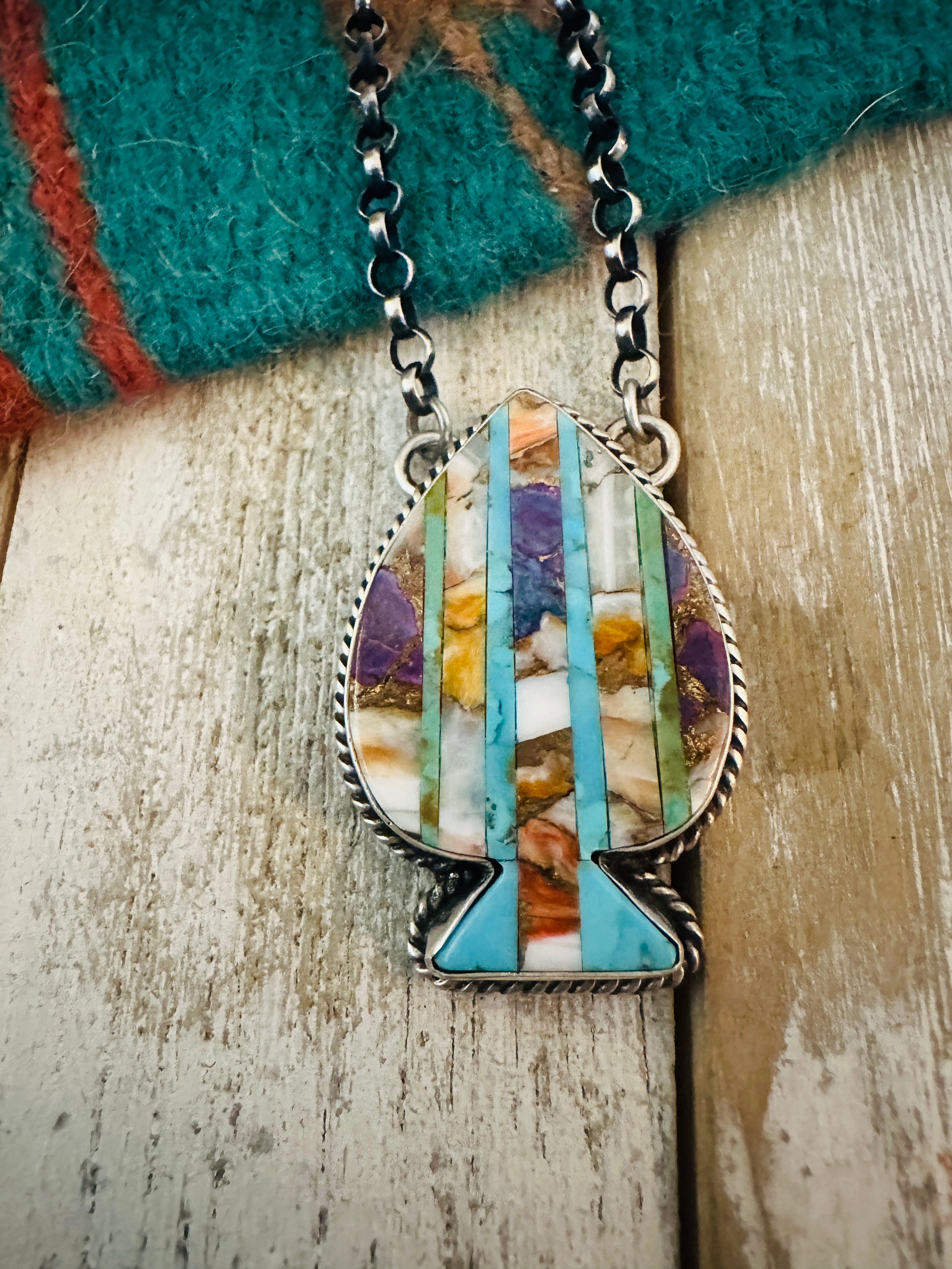 Navajo Sterling Silver & Multi Stone Inlay Spade Necklace