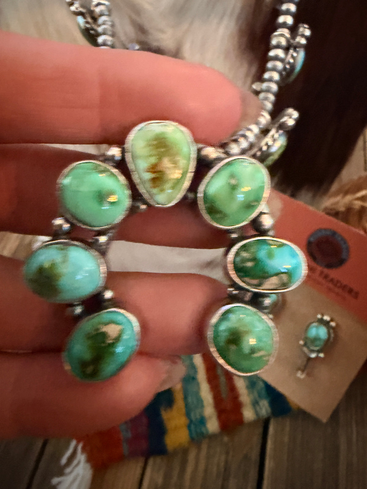 Handcrafted Sonoran Mountain Turquoise & Sterling Silver Squash Blossom Necklace and Earring Set by Larry Kaye