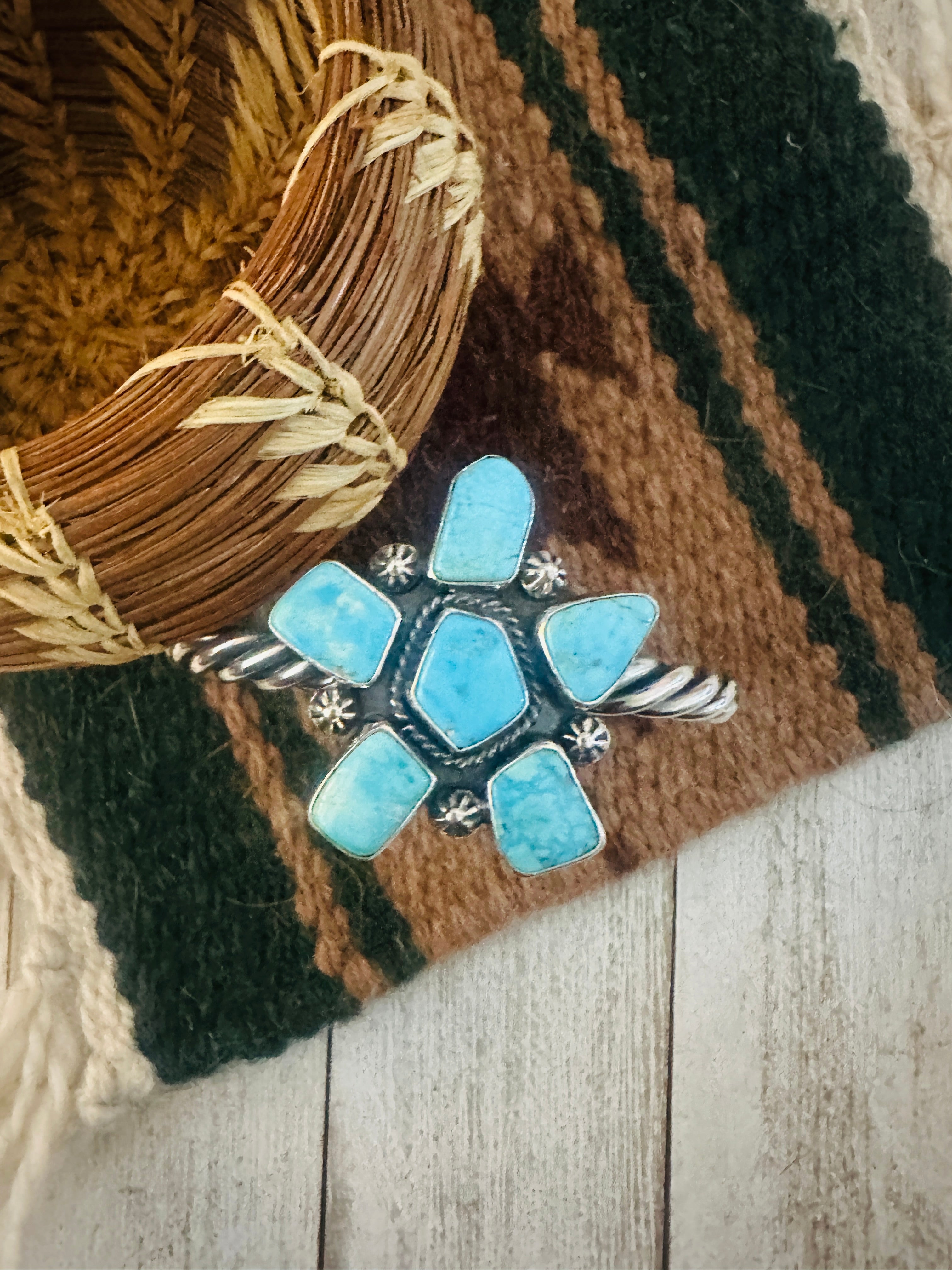 Navajo Kingman Turquoise & Sterling Silver Cluster Cuff Bracelet