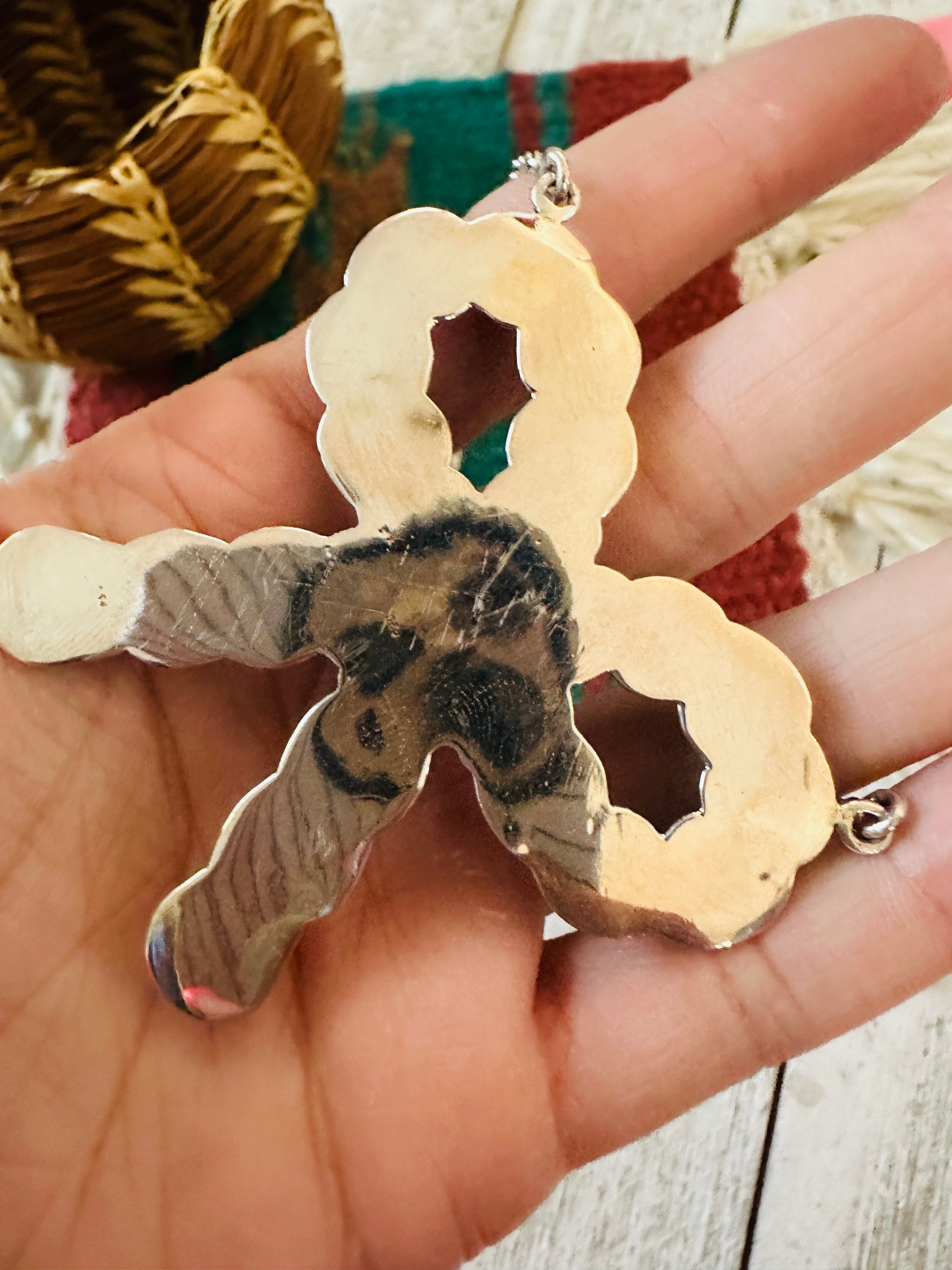 ** Christmas Collection ** Handmade Sterling Silver, Synthetic Opal & CZ Bow Necklace Signed Nizhoni