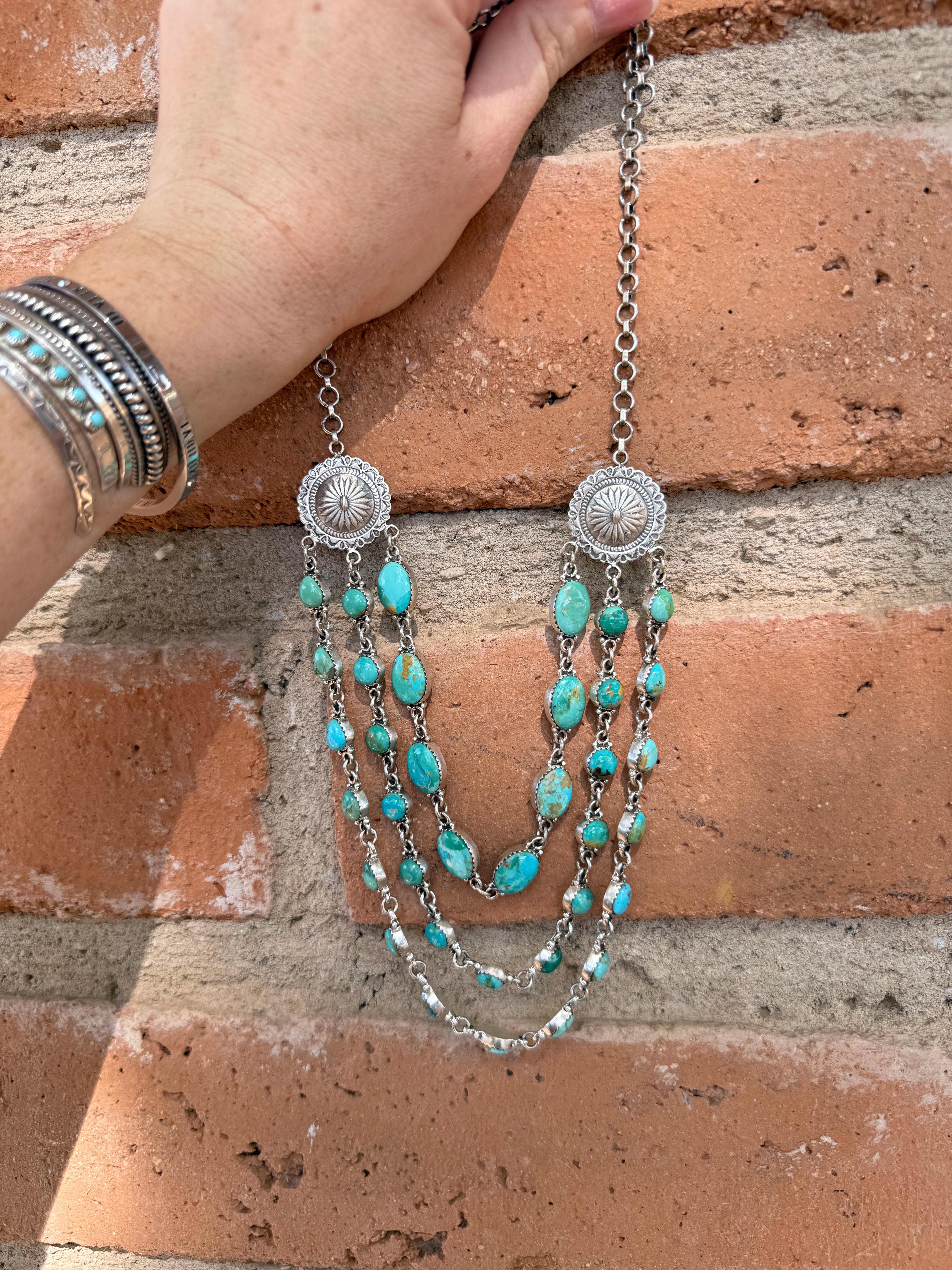 Handmade Sterling Silver Kingman Turquoise Layered Necklace "Signed Nizhoni"