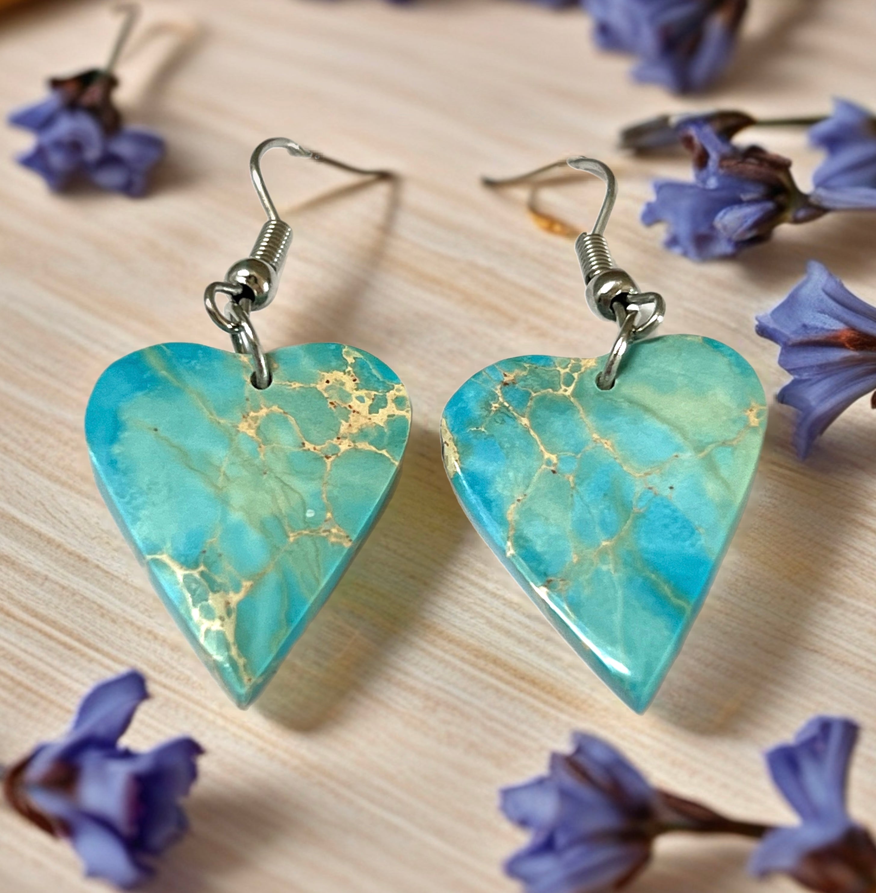 Handcrafted Turquoise Heart Slab Sterling Silver Earrings