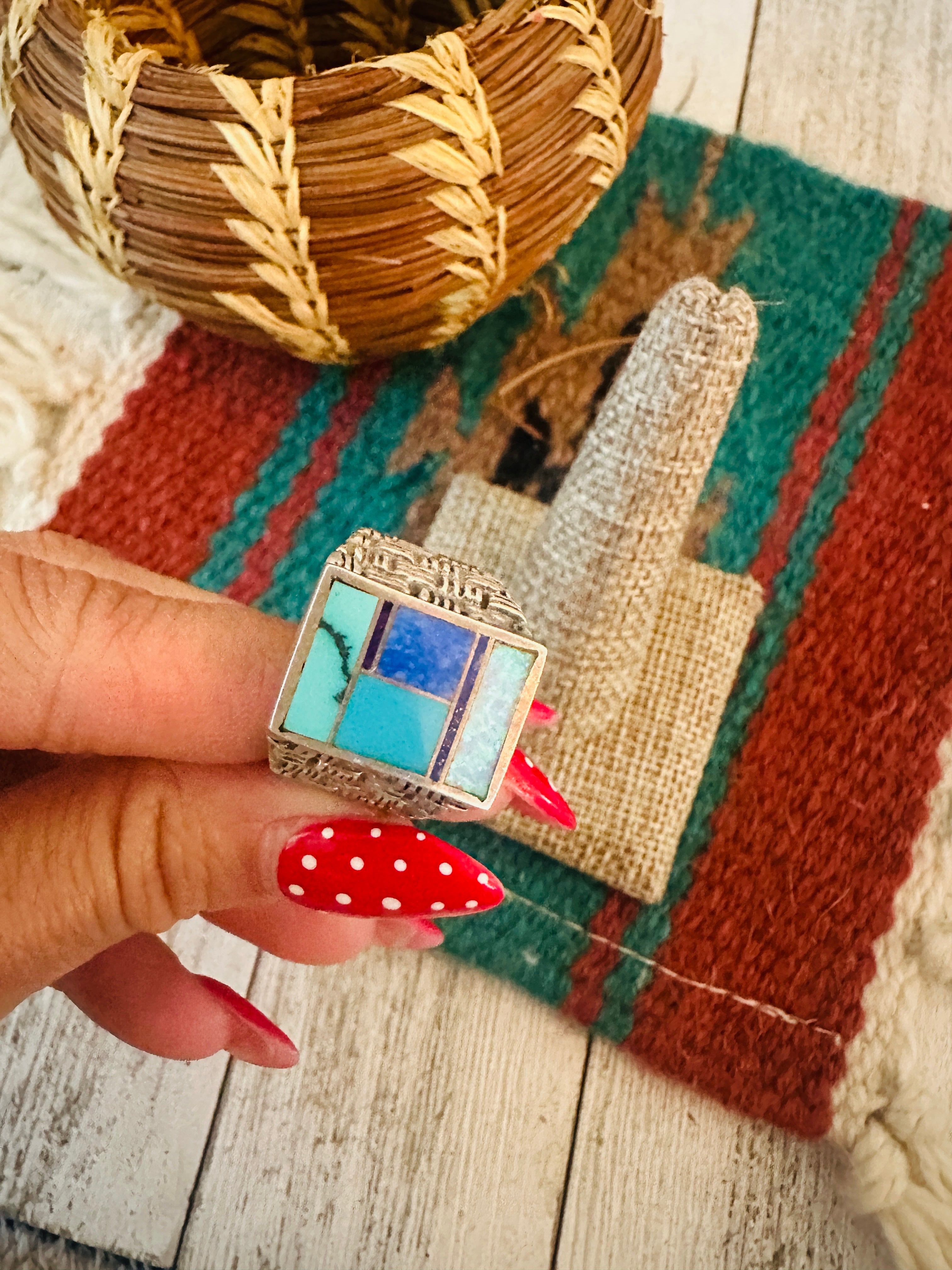 Handcrafted Old Pawn Sterling Silver & Multi Stone Inlay Ring Size 10