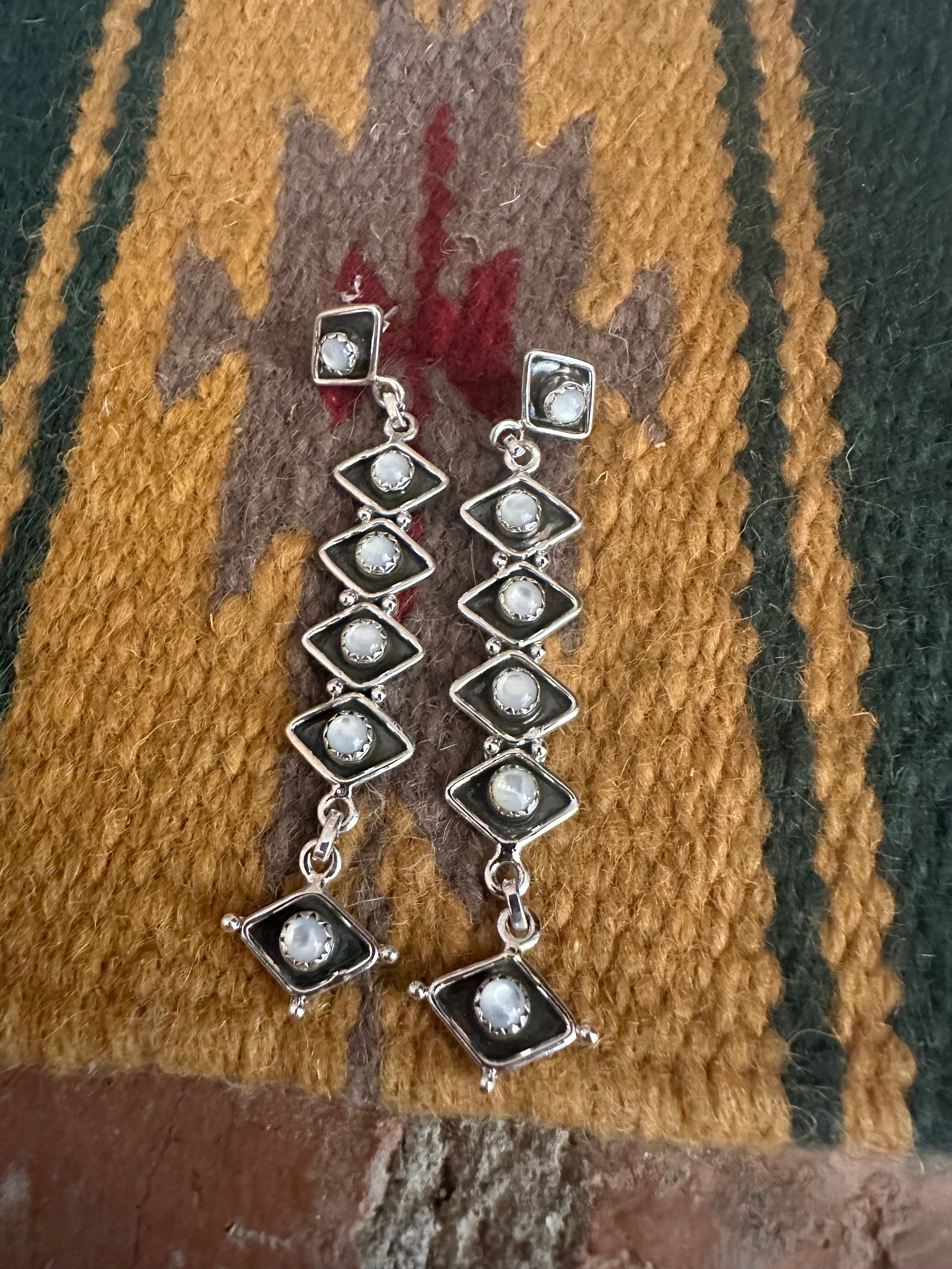 Handmade Mother of Pearl & Sterling Silver Dangle Earrings Signed Nizhoni