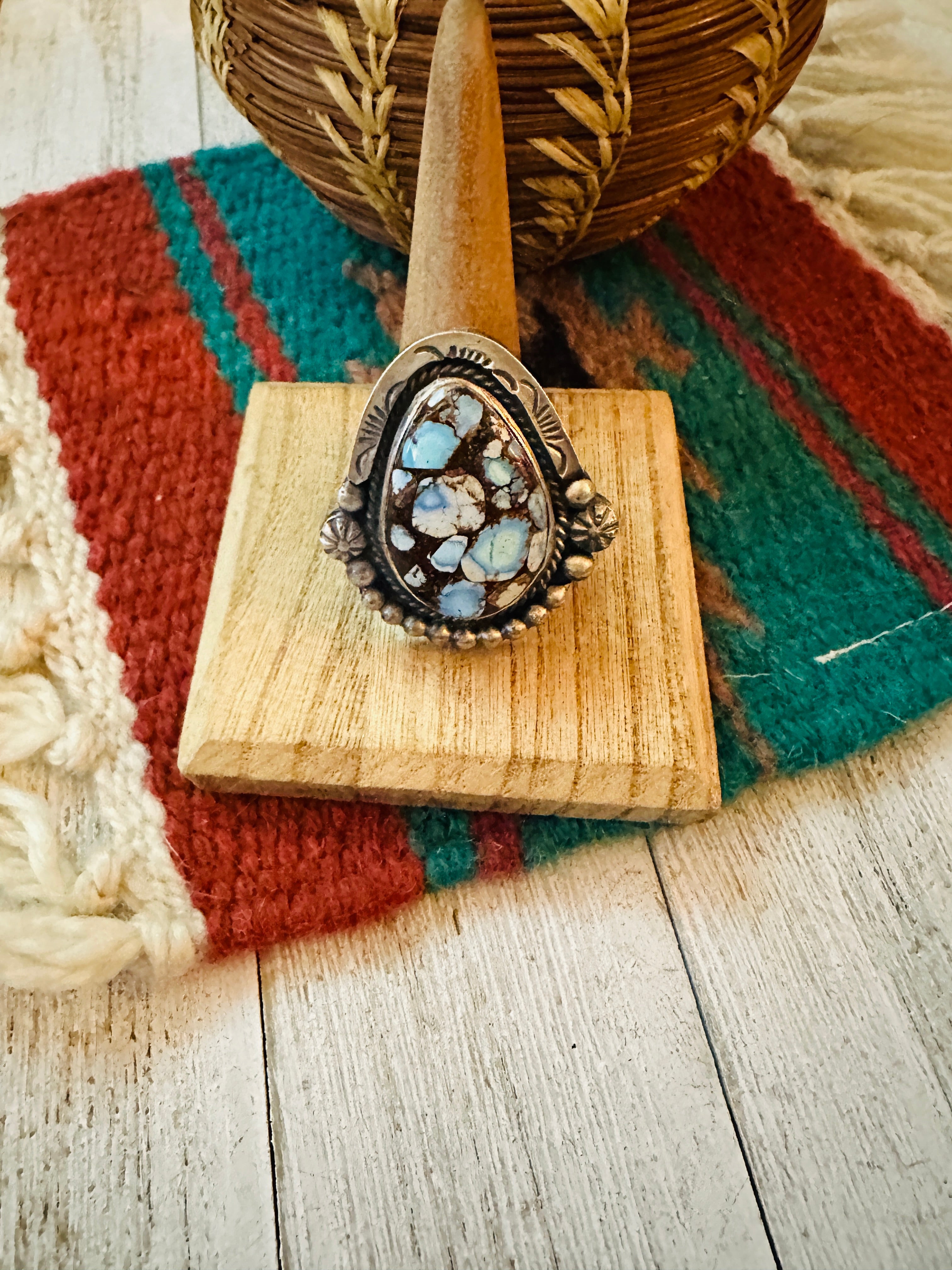 Navajo Sterling Silver & Golden Hills Turquoise Ring Size 11.5