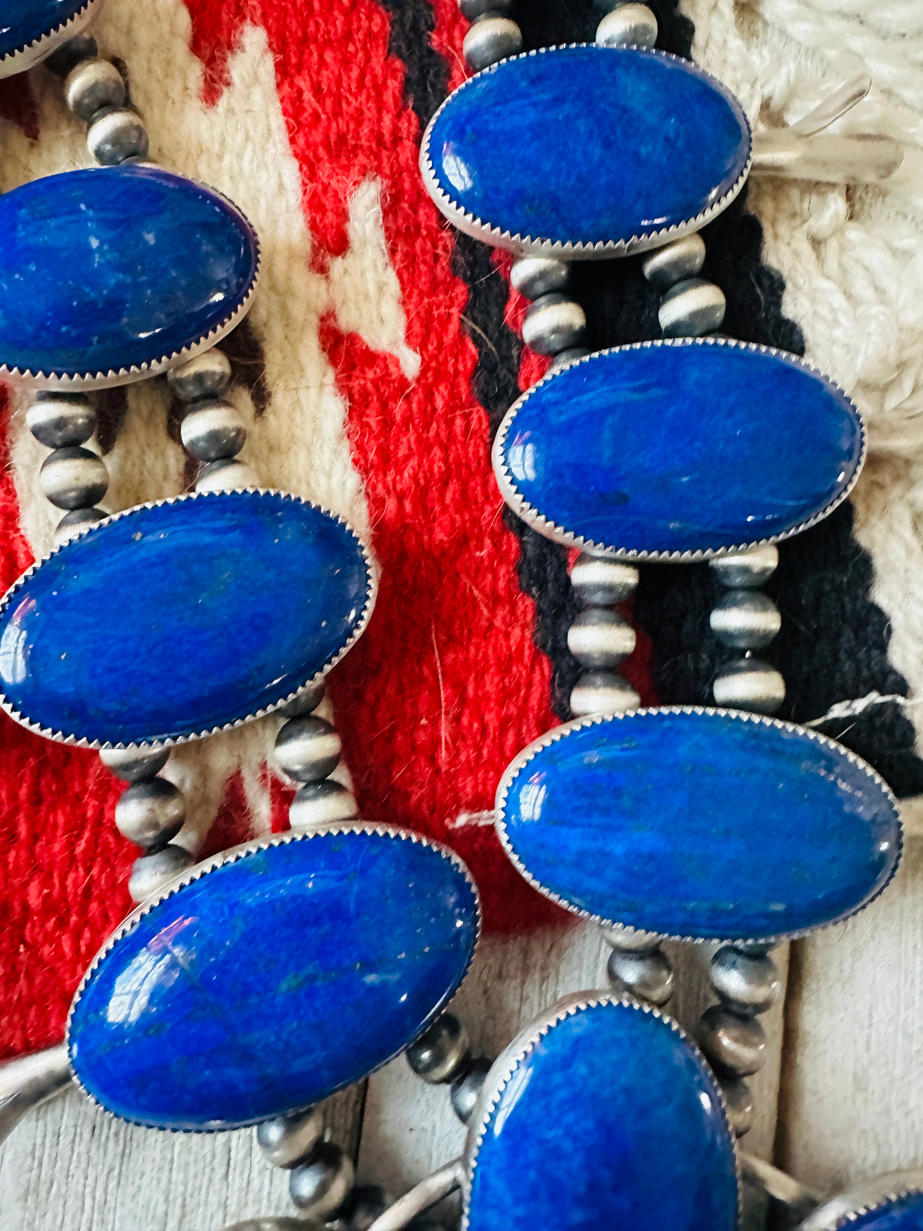 Vintage Old Pawn Navajo Lapis & Sterling Silver Beaded Squash Blossom Necklace Set