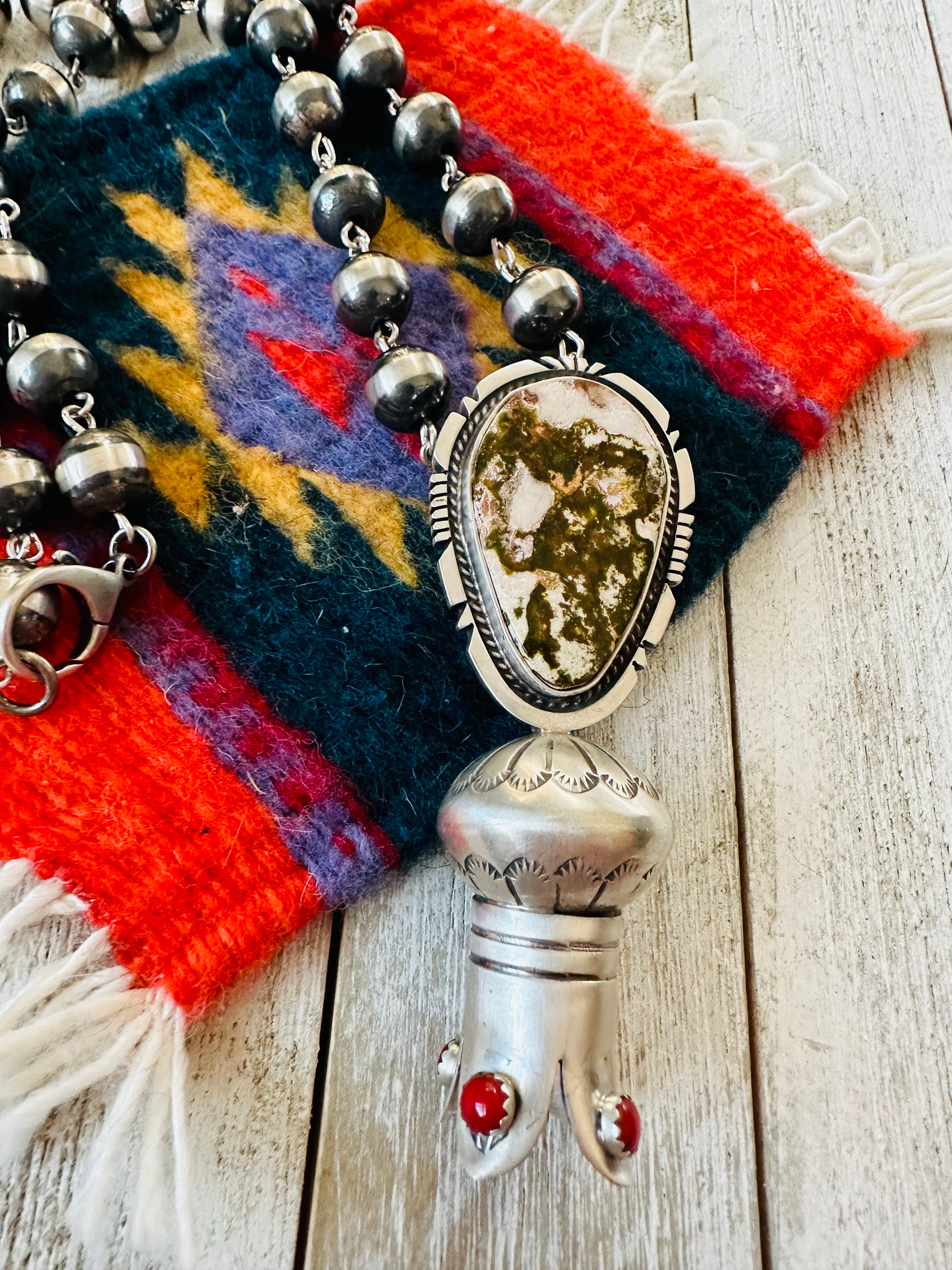 Navajo Sterling Silver, Turquoise & Coral Blossom Beaded Necklace