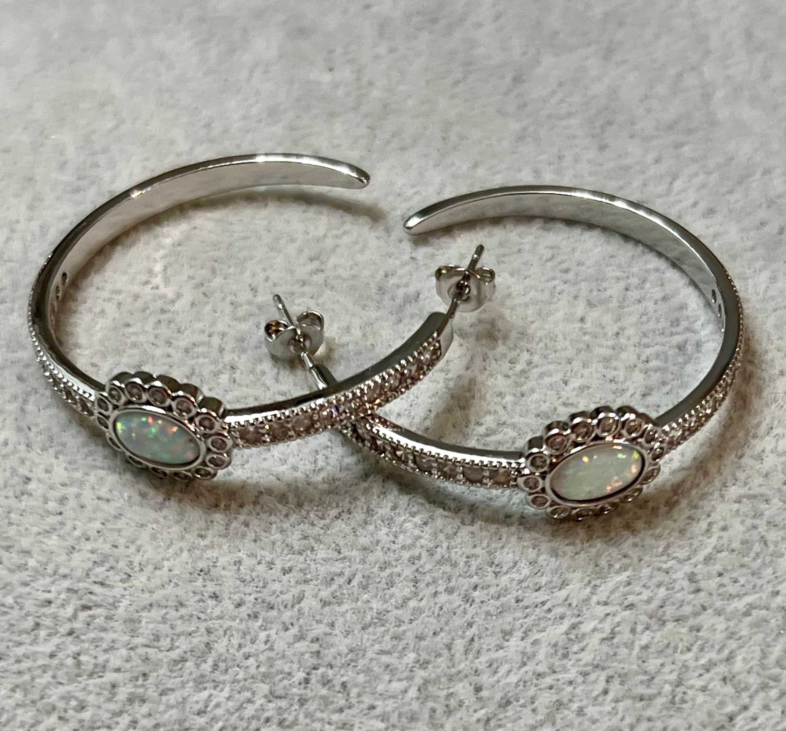 Carina CZ Studded Opal Hoop Earrings Silver