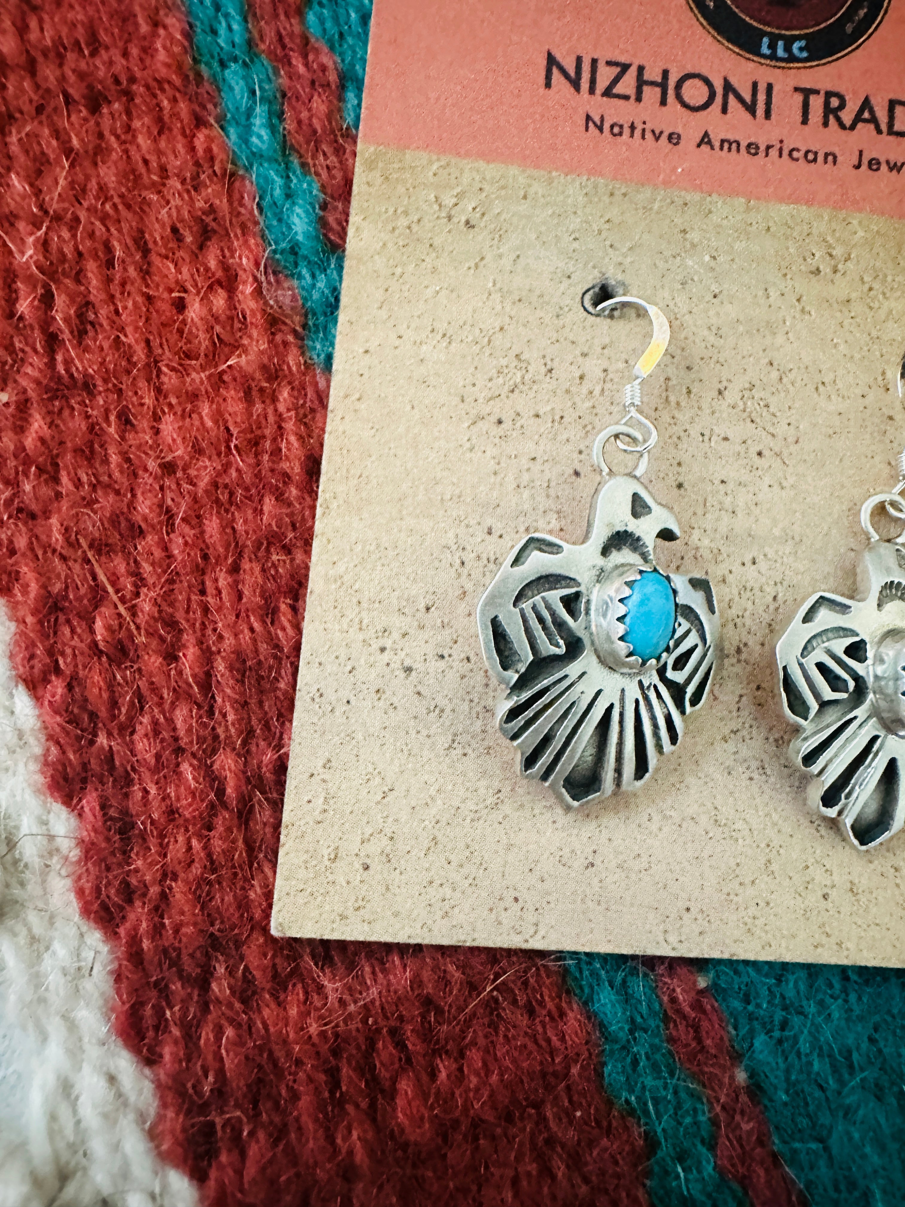 Navajo Sterling Silver & Turquoise Thunderbird Dangle Earrings