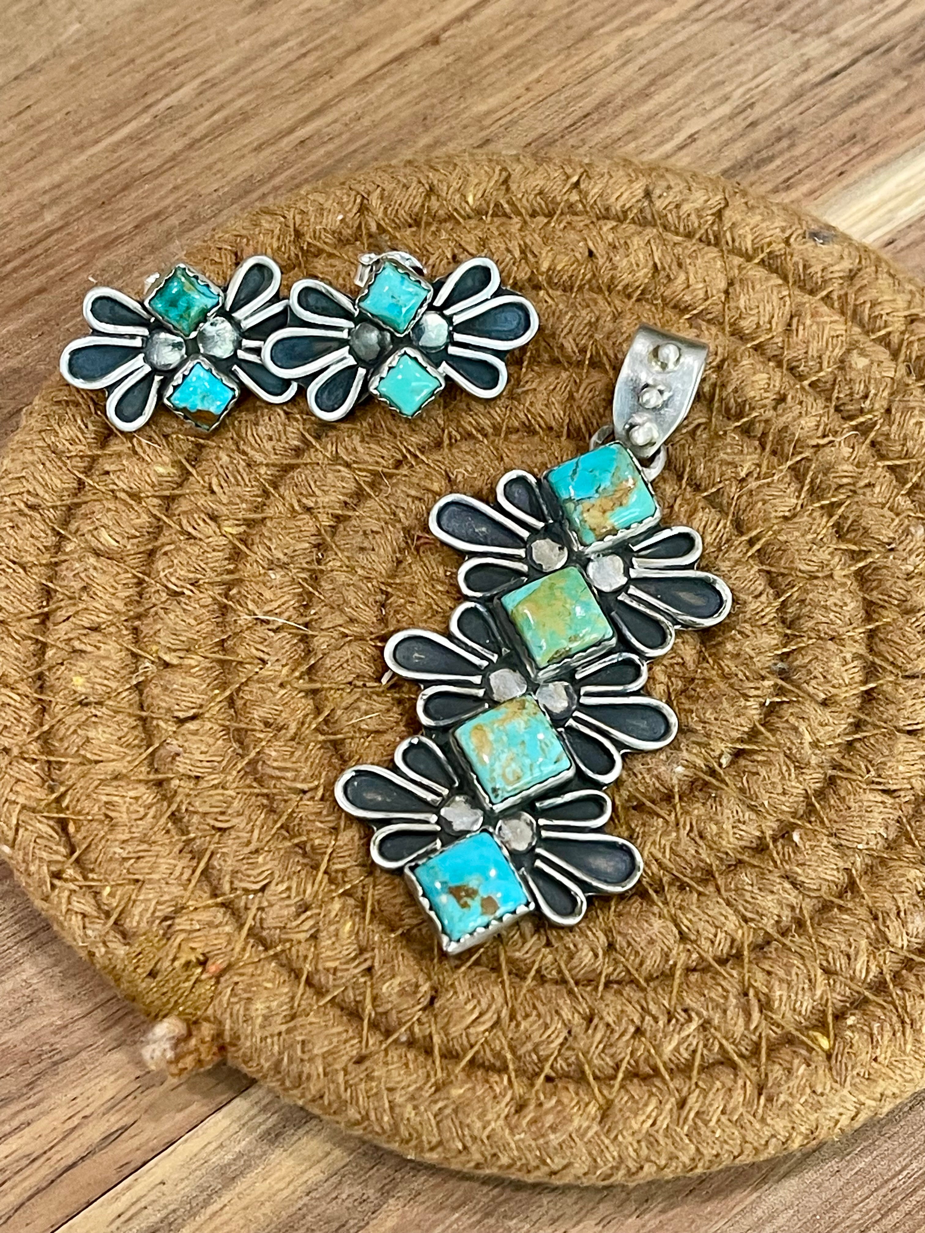 Handmade Sterling Silver & Kingman Turquoise Pendant And Earring Set
