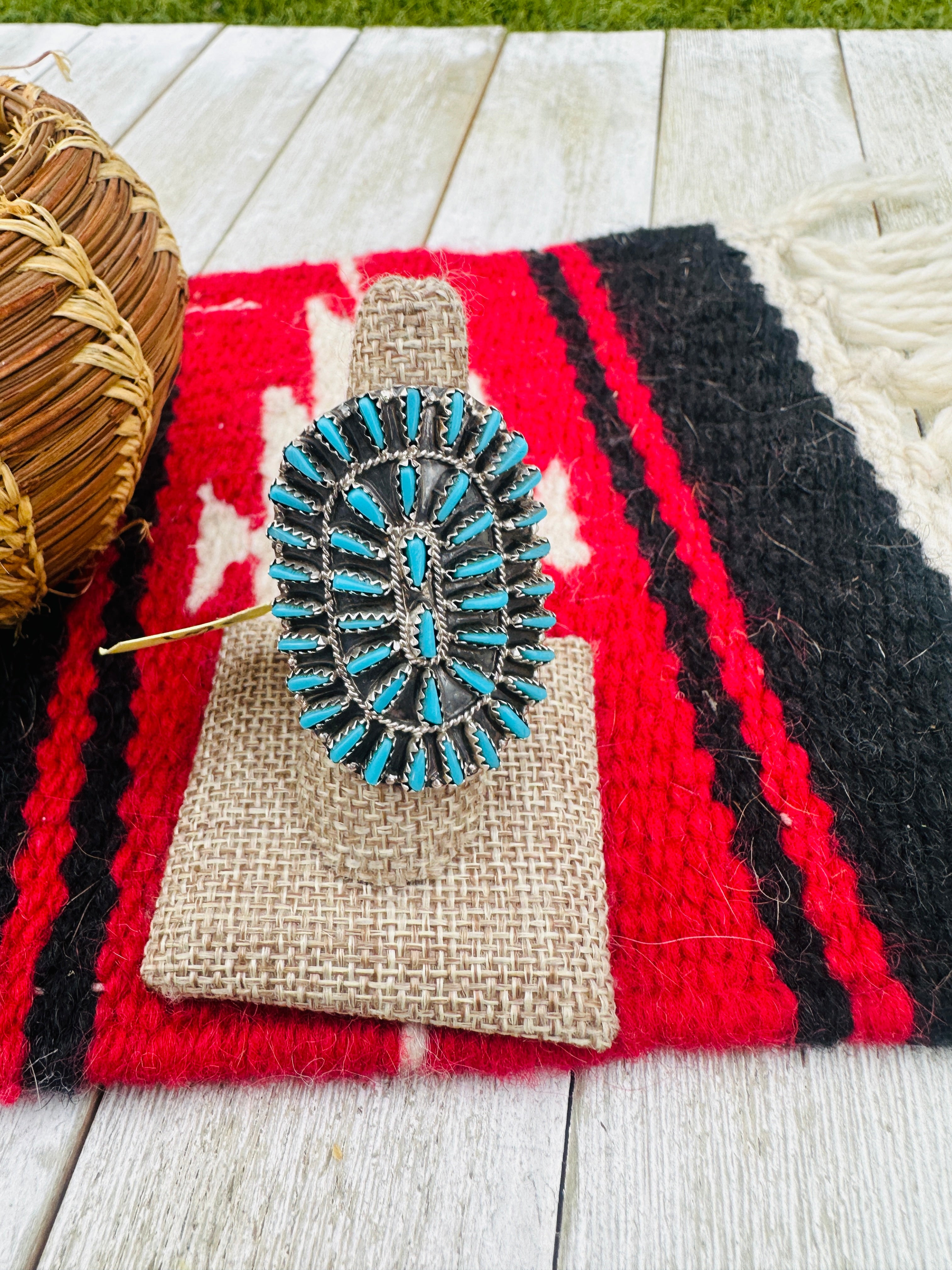 Old Pawn Handcrafted Turquoise & Sterling Silver Cluster Ring Size 8