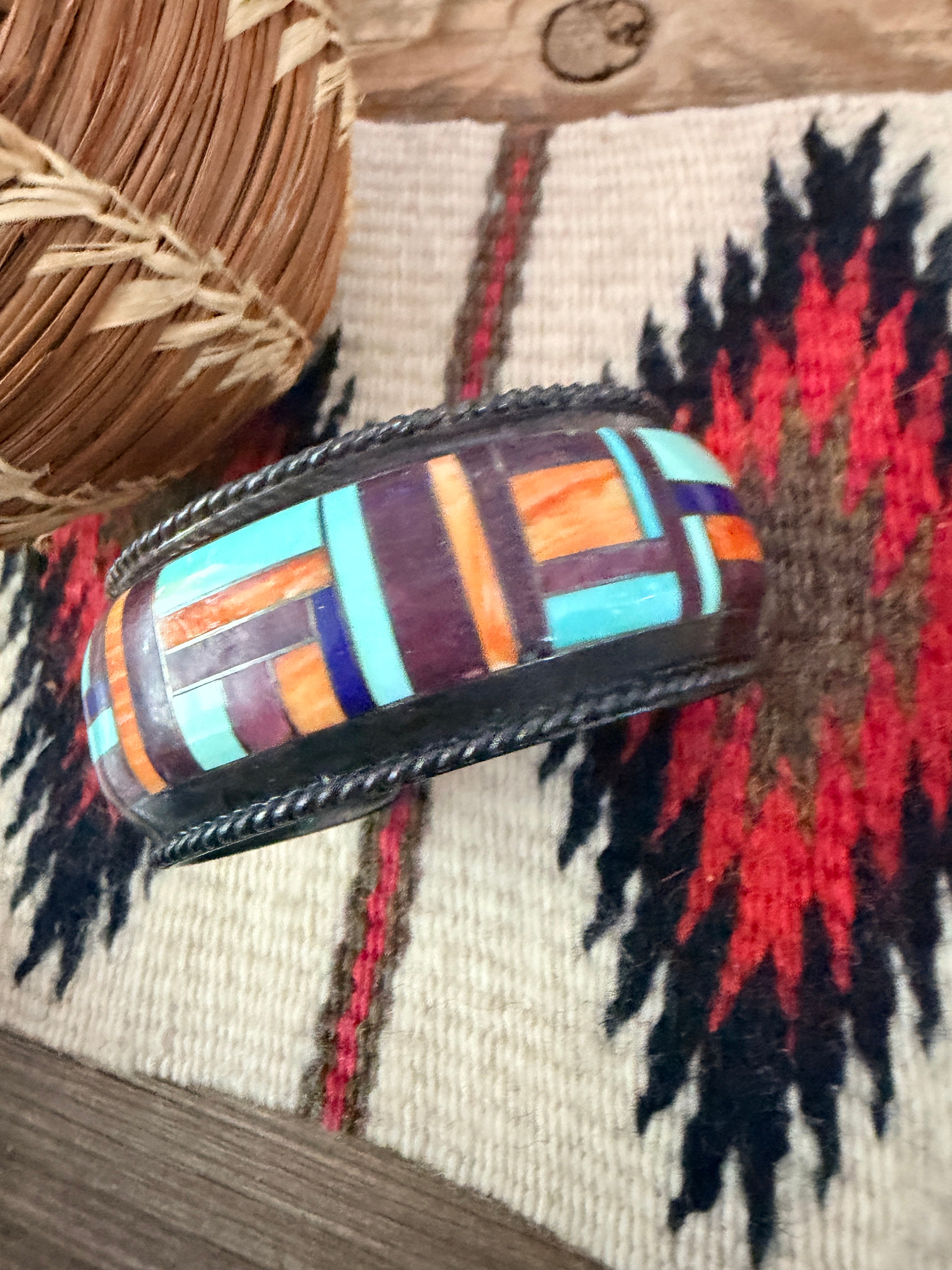 Handcrafted Old Pawn Sterling Silver & Multi Stone Inlay Cuff Bracelet