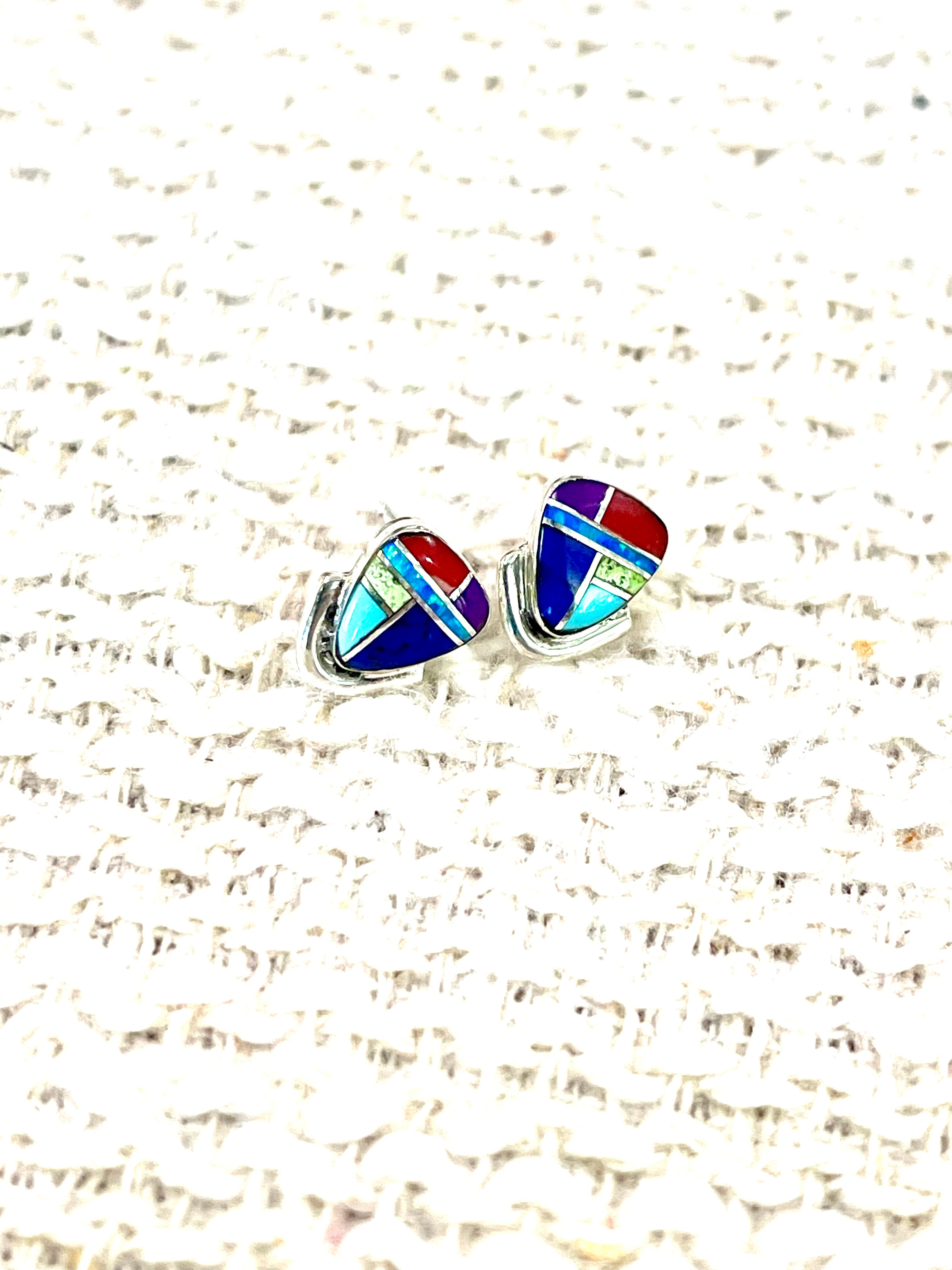 Beautiful Handmade Sterling Silver & Multi Stone Inlay Stud Earrings