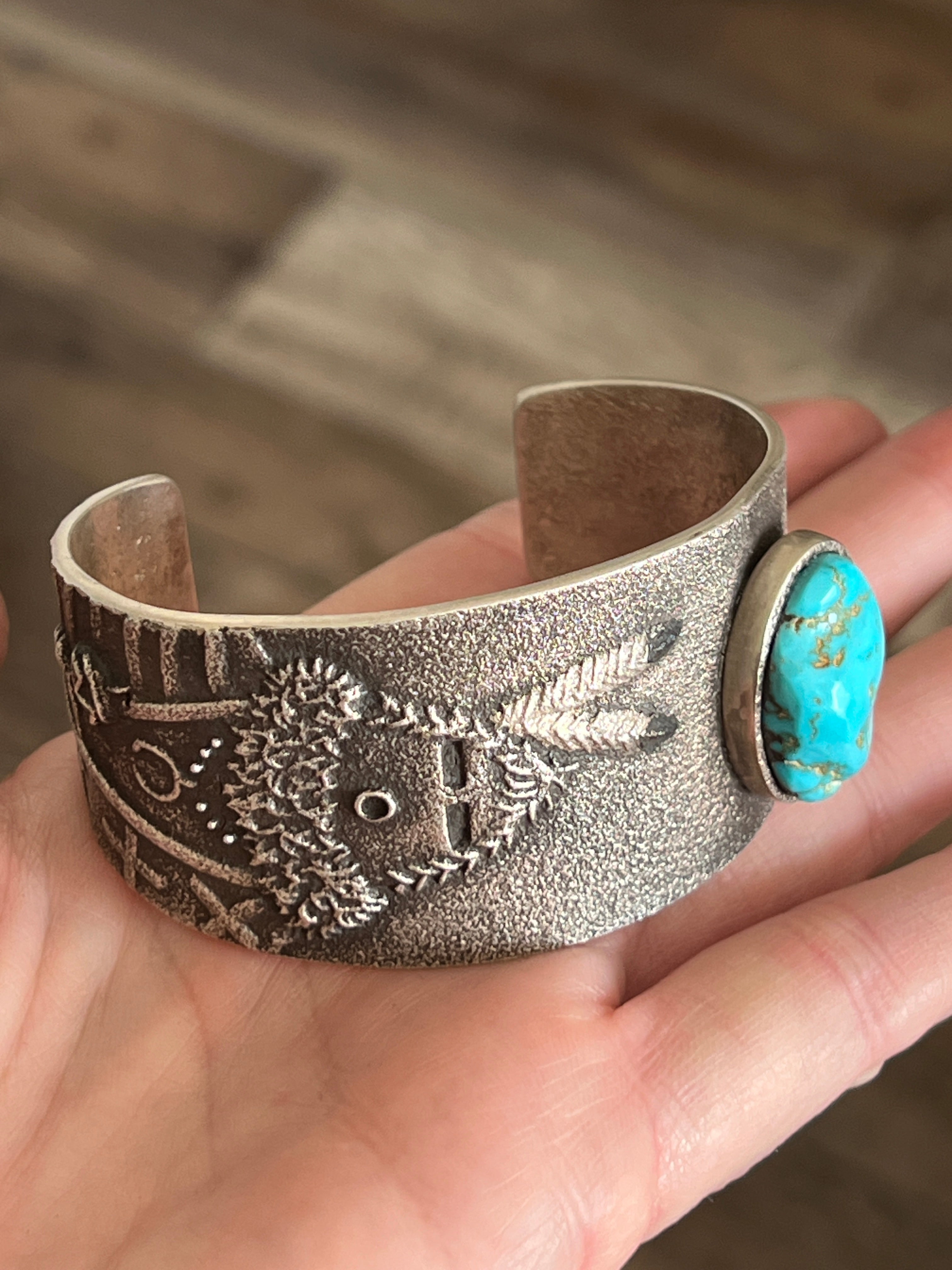 Navajo Tufa Cast Sterling Mudhead Cuff Bracelet with Kingman Turquoise by Lee Begay